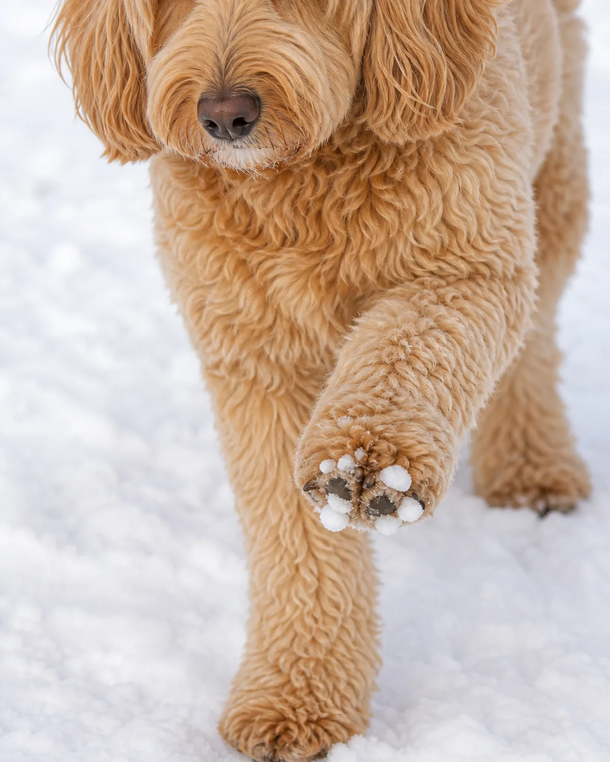 a medium dog with a soft shaggy wavy-to-curly apricot coat, floppy ears and a rounded teddy-bear face standing in snow, a small close-up view of its paw showing tiny ice clumps between the toes