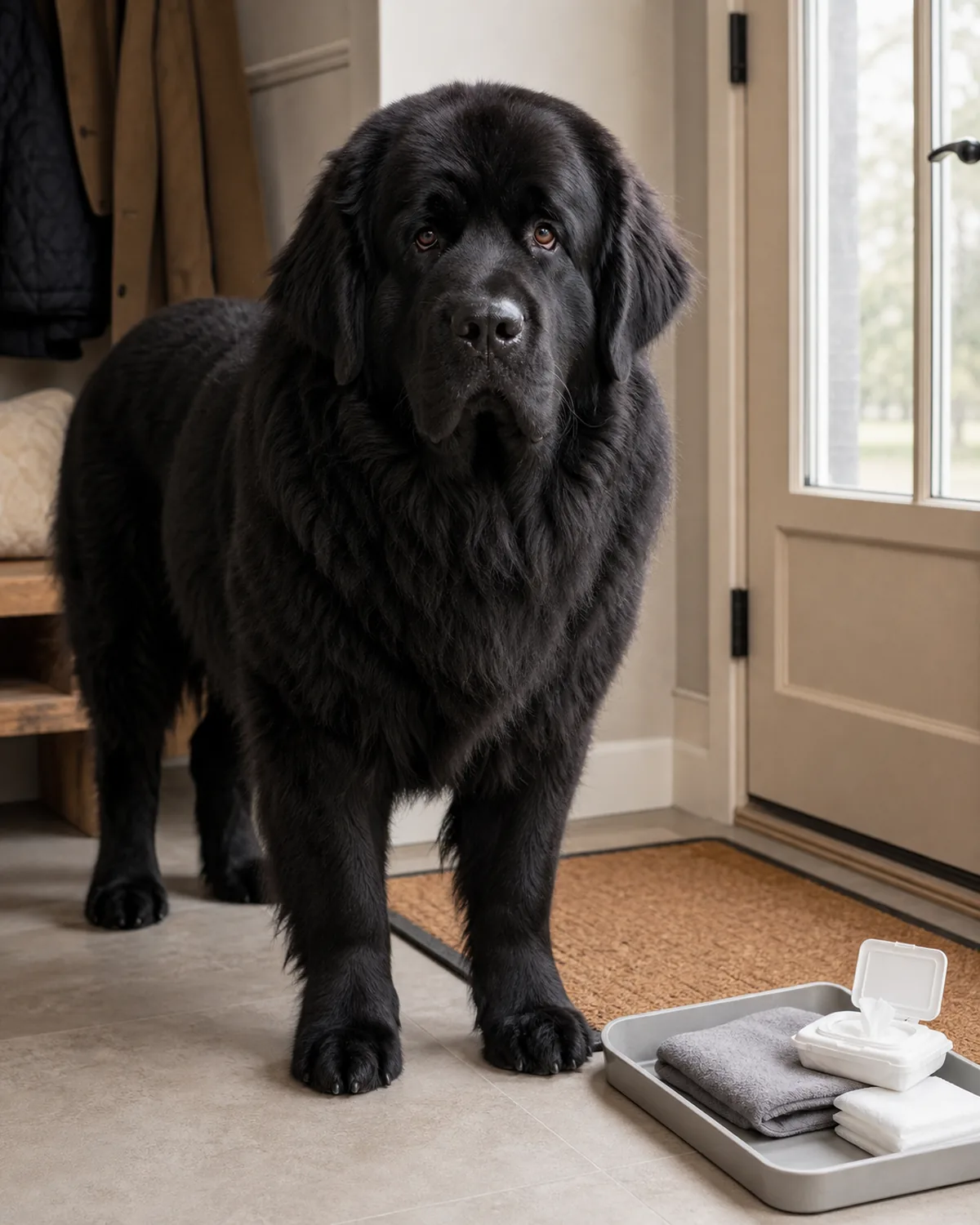 a giant dog with a thick solid-black long coat, a large head and floppy ears standing near a doormat and a small tray of towels by the front door