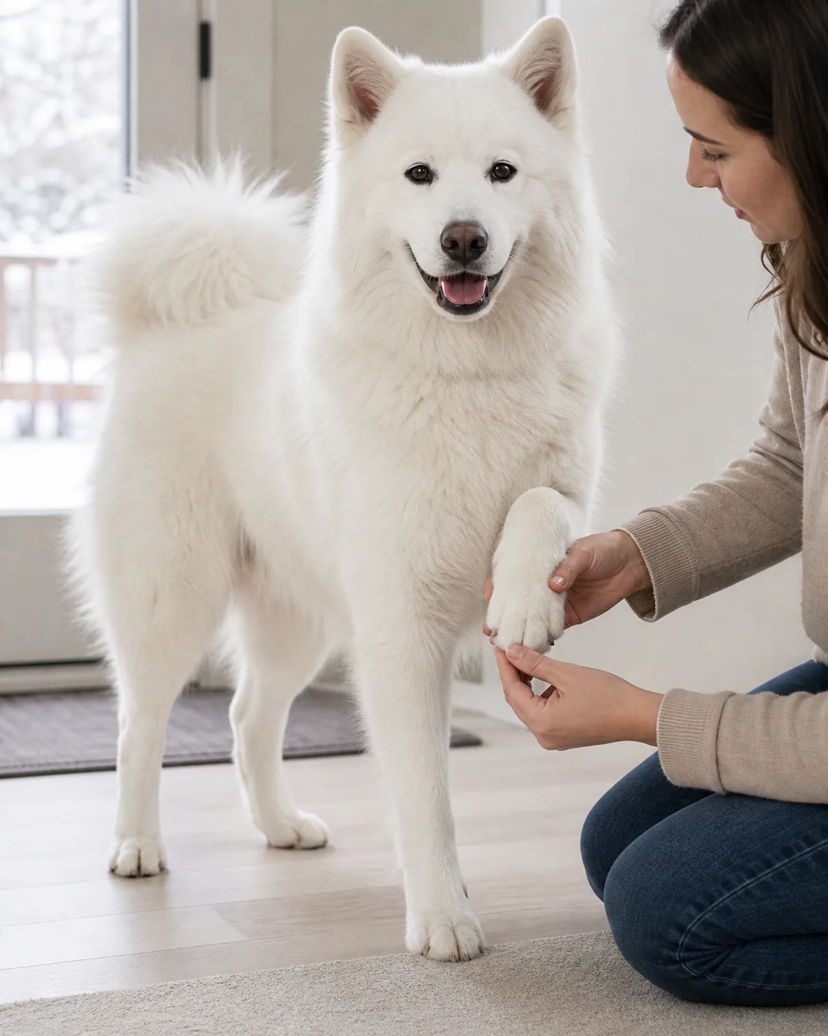 a large dog with a thick stand-off pure-white double coat, erect ears, an upturned smiling mouth and a curled tail standing indoors while a person checks each of its four paws in turn