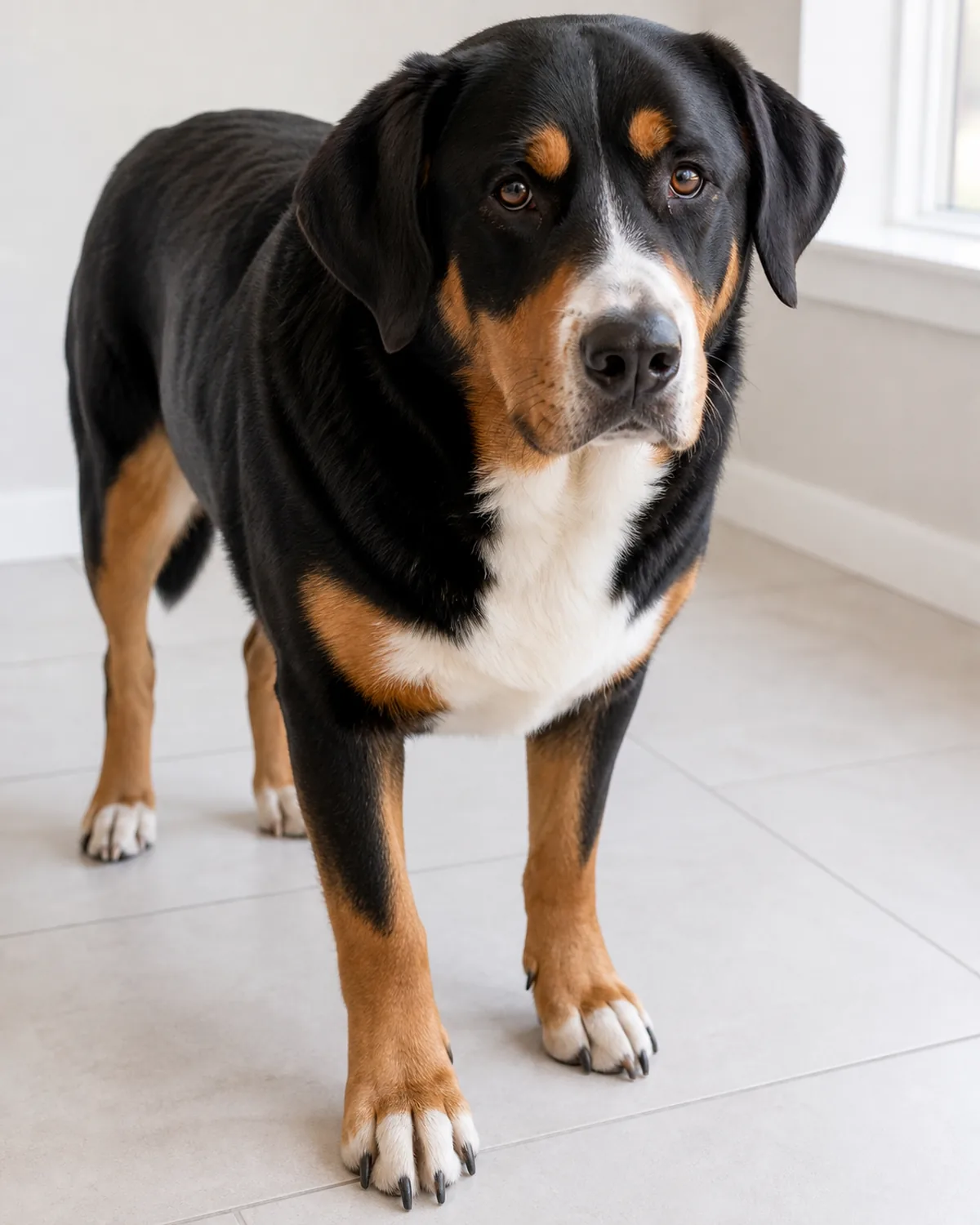 a large sturdy tricolor dog with a thick coat, black body, rust eyebrows and legs, and a white chest blaze standing on a tile floor, a close-up view of one paw showing its nail length