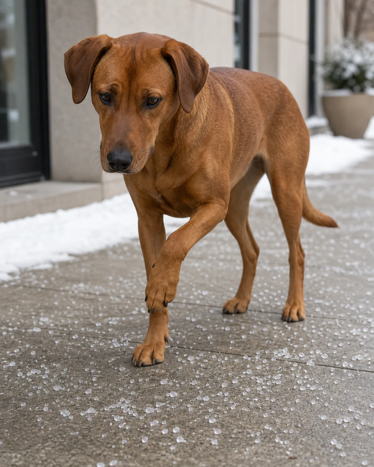 a medium-large sleek dog with a uniform rusty golden-brown short coat and floppy ears standing on a sidewalk with visible salt crystals, one paw lifted off the ground