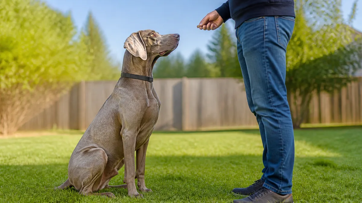 a large sleek dog with a solid silver-grey short coat floppy ears pale eyes and an athletic build sitting in a perfect sit position on a green grass lawn in a fenced backyard looking up attentively at a person standing in front