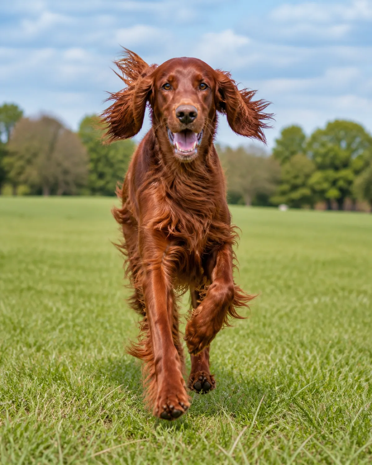 a large lean dog with a solid deep mahogany-red long silky feathered coat and long floppy ears running joyfully toward the camera across a wide green grassy field with ears flying back and mouth open in a happy pant