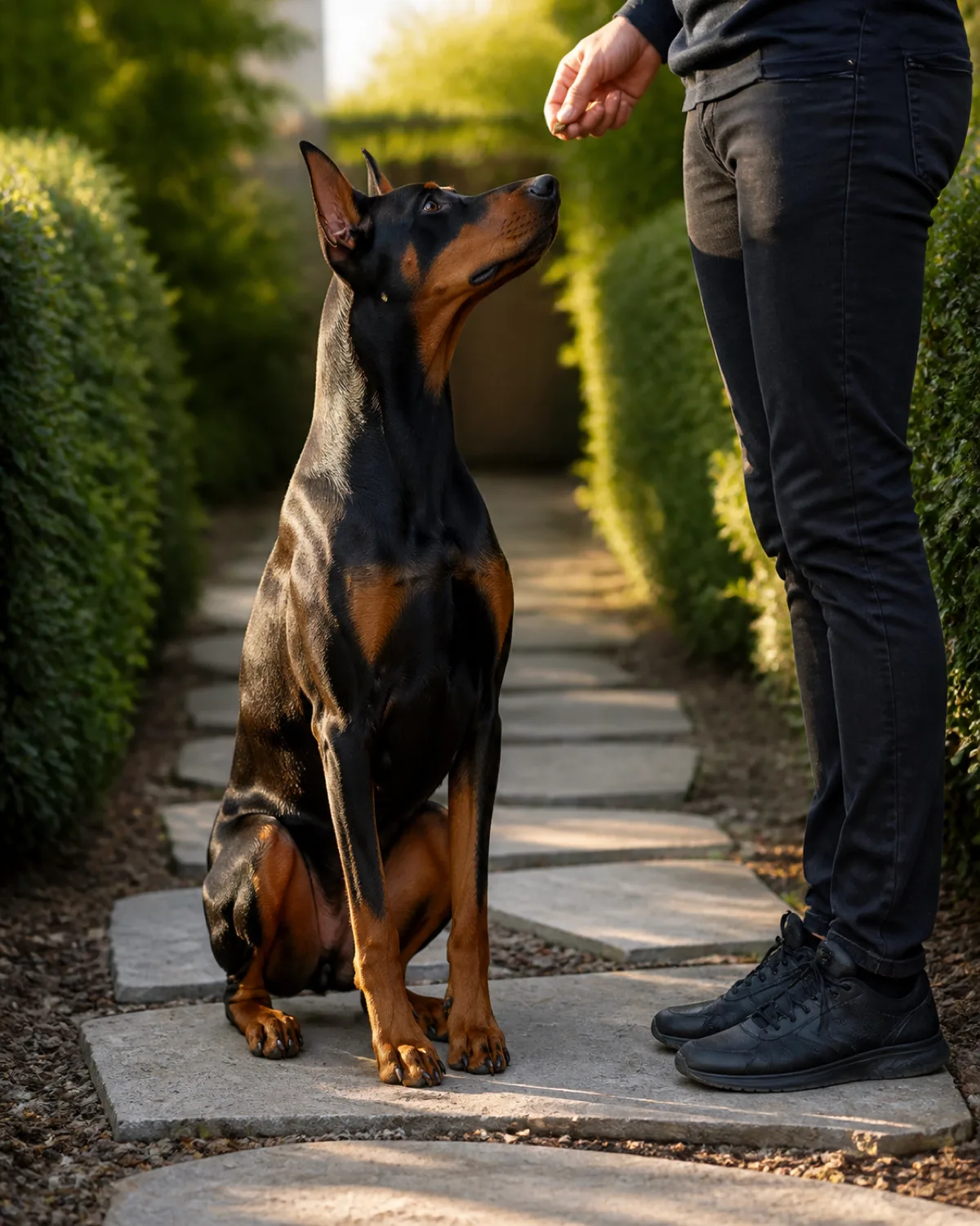 a large lean muscular dog with a sleek black-and-tan short coat sharp rust points on legs and chest upright ears and a long muzzle sitting in a perfect sit position on a garden path made of stepping stones looking up at a person with focused intensity in late afternoon golden light