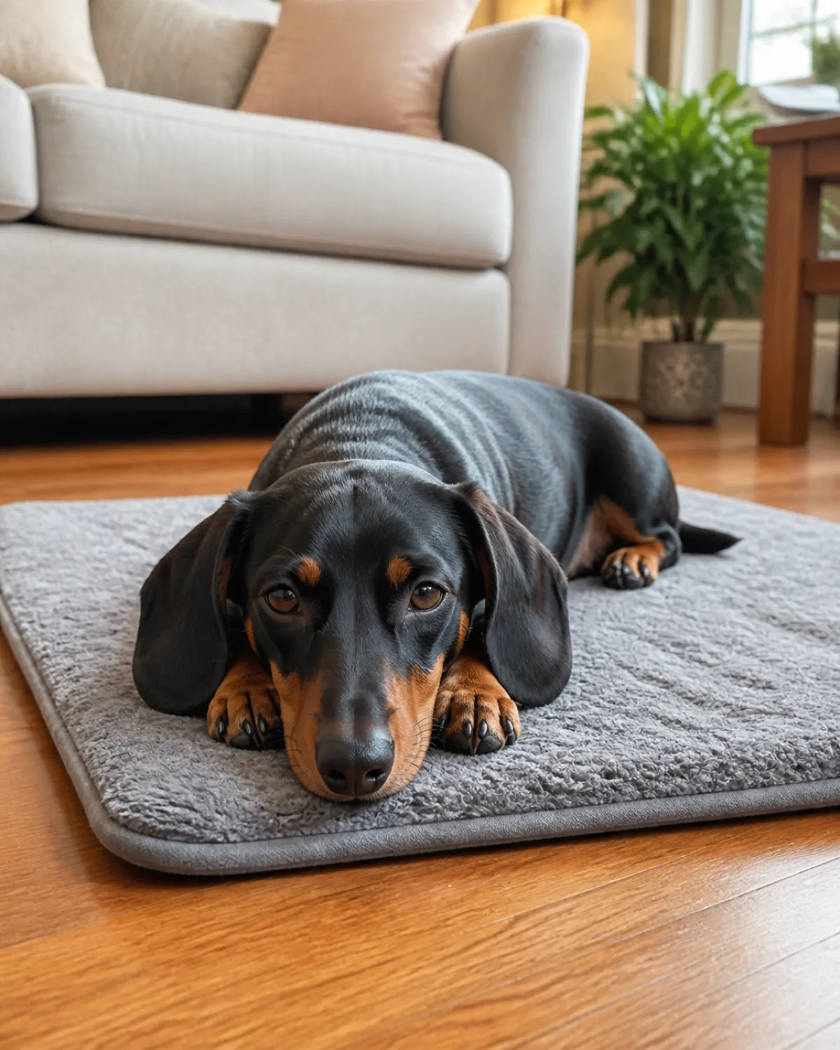 a small dog with a very long low body and very short legs a smooth black-and-tan coat and long floppy ears lying in a perfect down position on a soft grey mat on a hardwood floor in a living room with front paws stretched forward and chin resting gently on paws