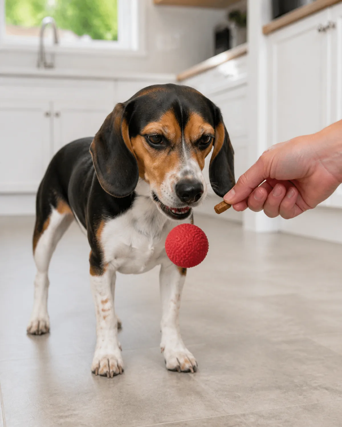 a small sturdy tricolor black white and tan short-coated hound with long low-set floppy ears gently releasing a red rubber ball from its mouth jaw relaxed and opening while a persons hand from the right side of the frame offers a small soft treat at nose level in a bright kitchen