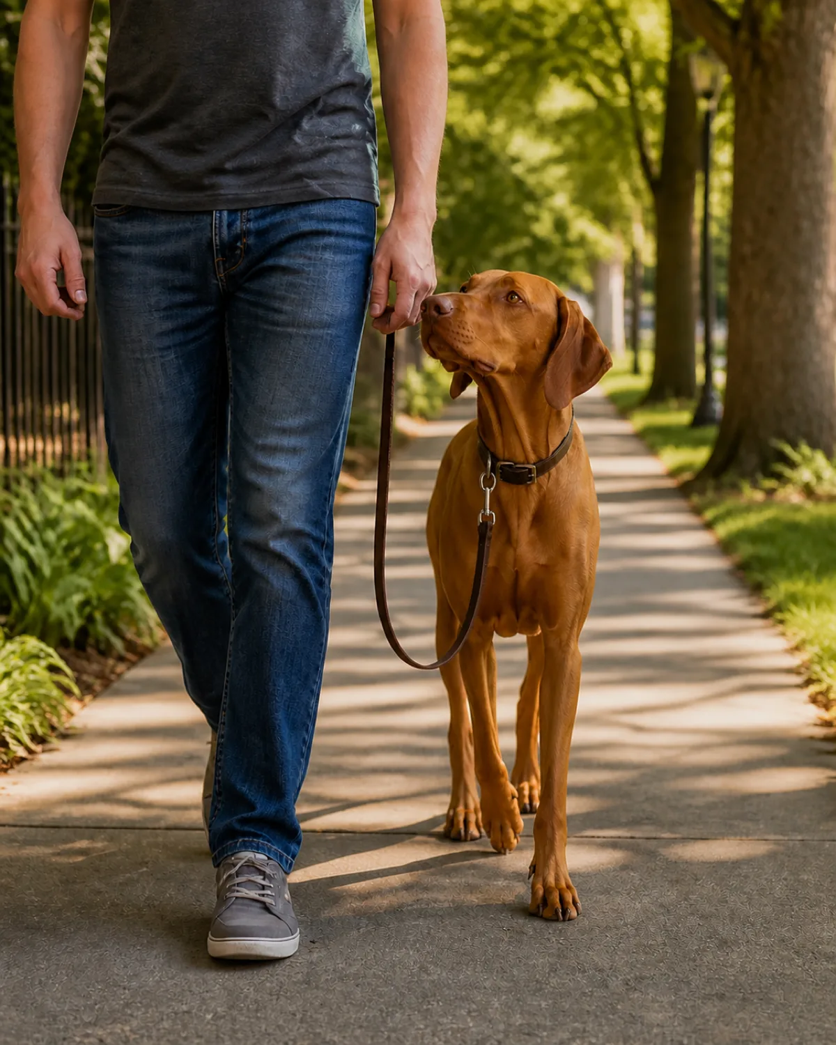 a medium-large sleek dog with a uniform rusty golden-brown short coat floppy ears and a lean athletic frame walking in perfect heel position at a persons left side on a quiet tree-lined sidewalk with the leash hanging in a loose J-shape between person and dog