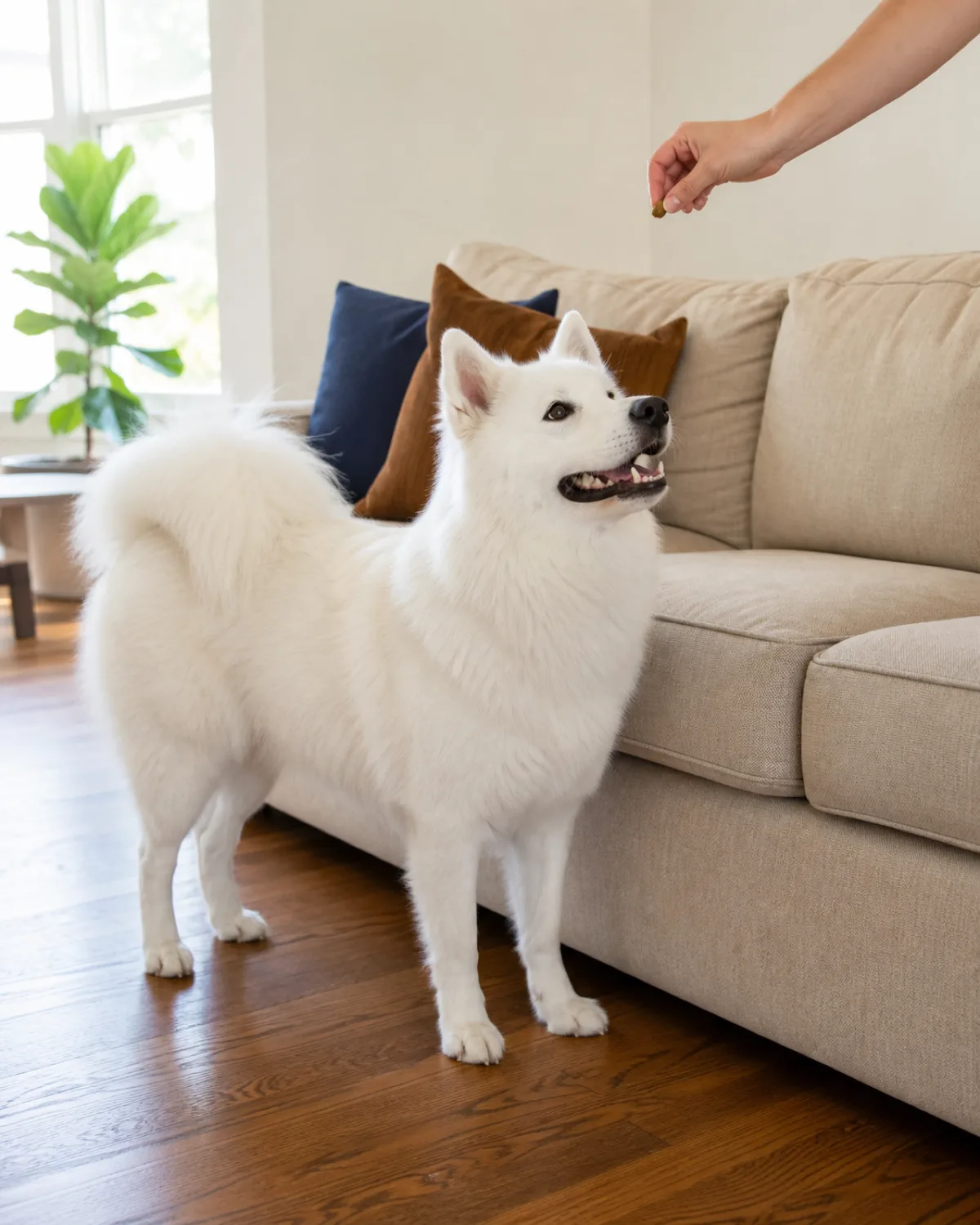 a large dog with a thick stand-off pure-white double coat erect ears an upturned smiling mouth and a curled tail standing with all four paws on a hardwood floor right next to a beige fabric sofa looking up at a persons hand holding a treat above its head