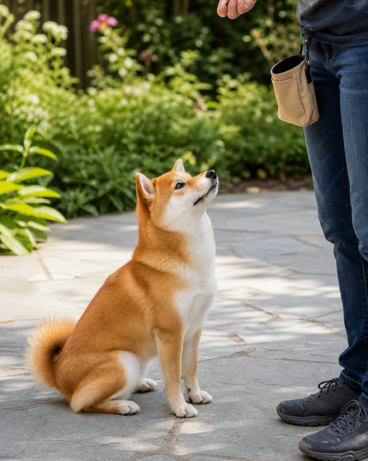 a small compact dog with a thick orange-red double coat and white underside erect ears a curled tail and a fox-like face sitting on a back patio made of light grey stone looking up at a persons face with bright focused eyes with a small canvas treat bag clipped to the persons belt visible at the edge of the frame