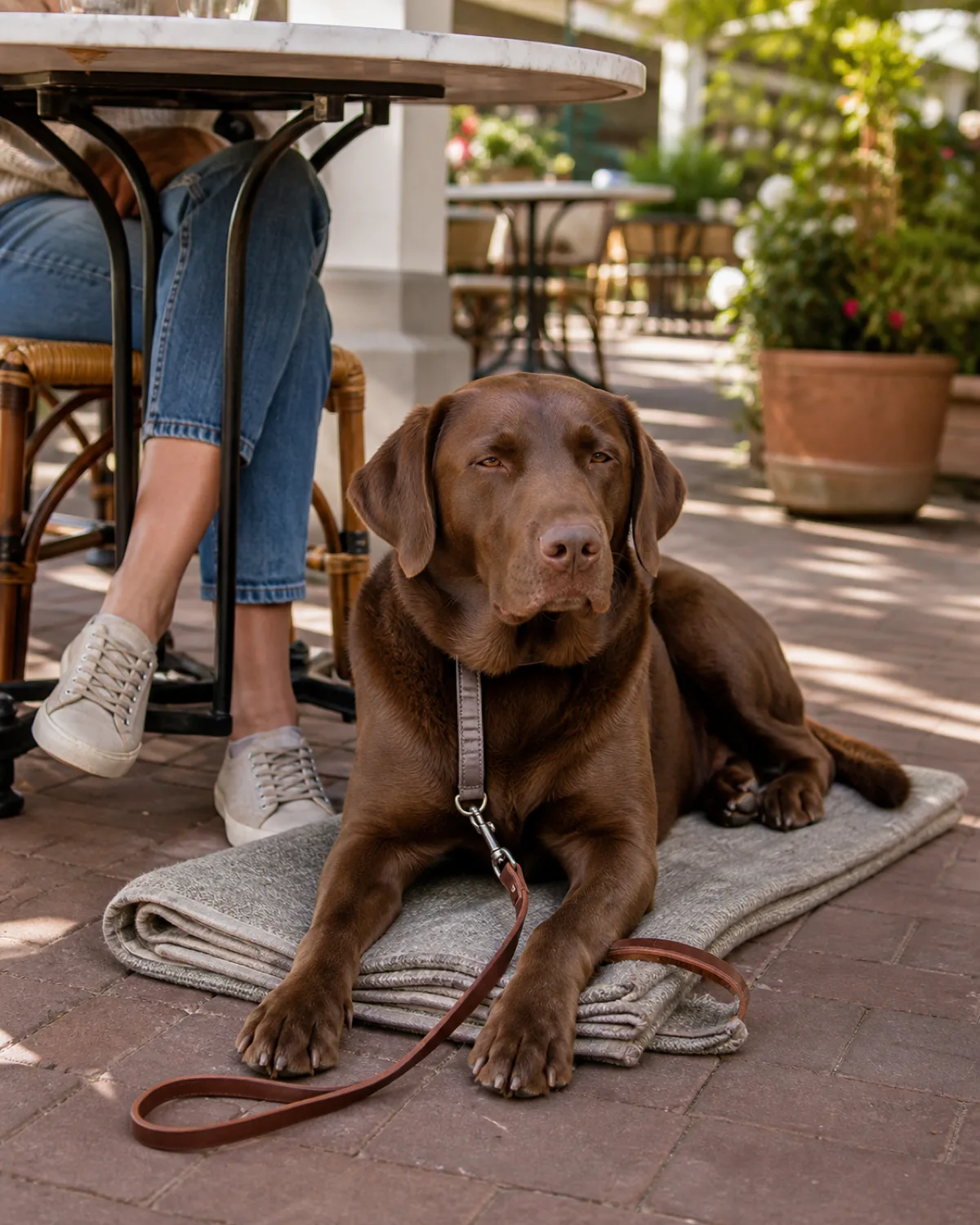 a large solid chocolate-brown short-coated dog with floppy ears and an athletic build lying in a relaxed down-stay on a folded blanket under an outdoor cafe table on a patio with leash draped loosely on the ground looking content and settled with half-closed eyes in warm afternoon light