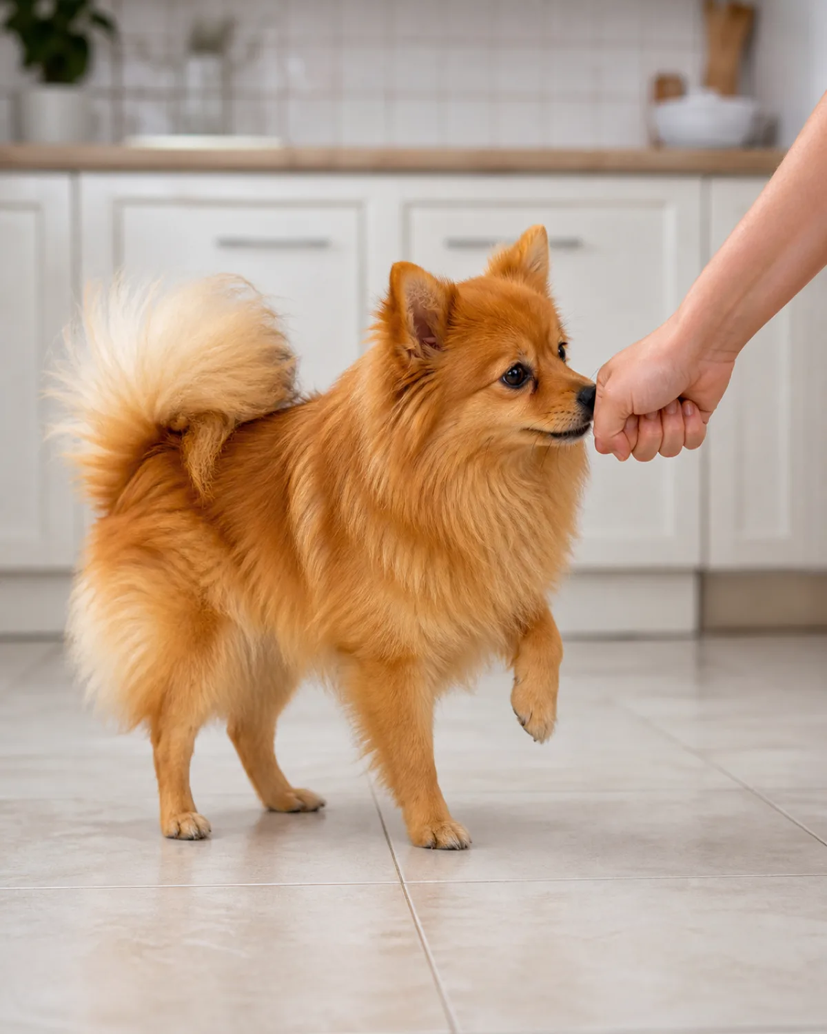 a tiny dog with a profuse fluffy orange double coat a foxy face small erect ears and a plumed tail curled over its back in a bright kitchen nose touching a persons closed fist in a hand-target exercise with one front paw slightly lifted in anticipation and tail wagging