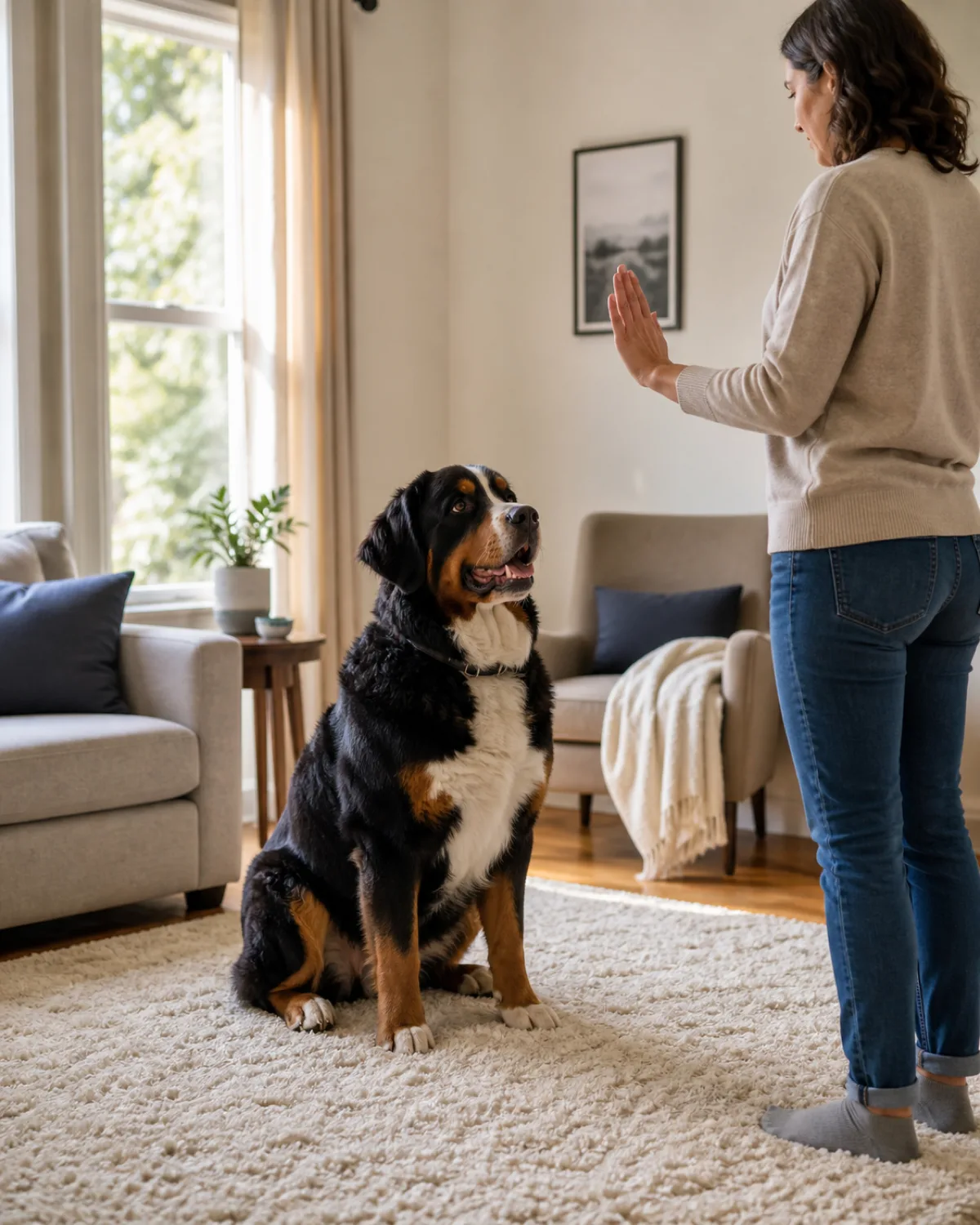 a large sturdy dog with a thick tricolor coat black body rust eyebrows and legs white chest blaze and floppy ears sitting in a perfect stay position on a cream wool rug in a bright living room looking attentively at a person standing about four feet away with one hand raised palm-out in a stay gesture