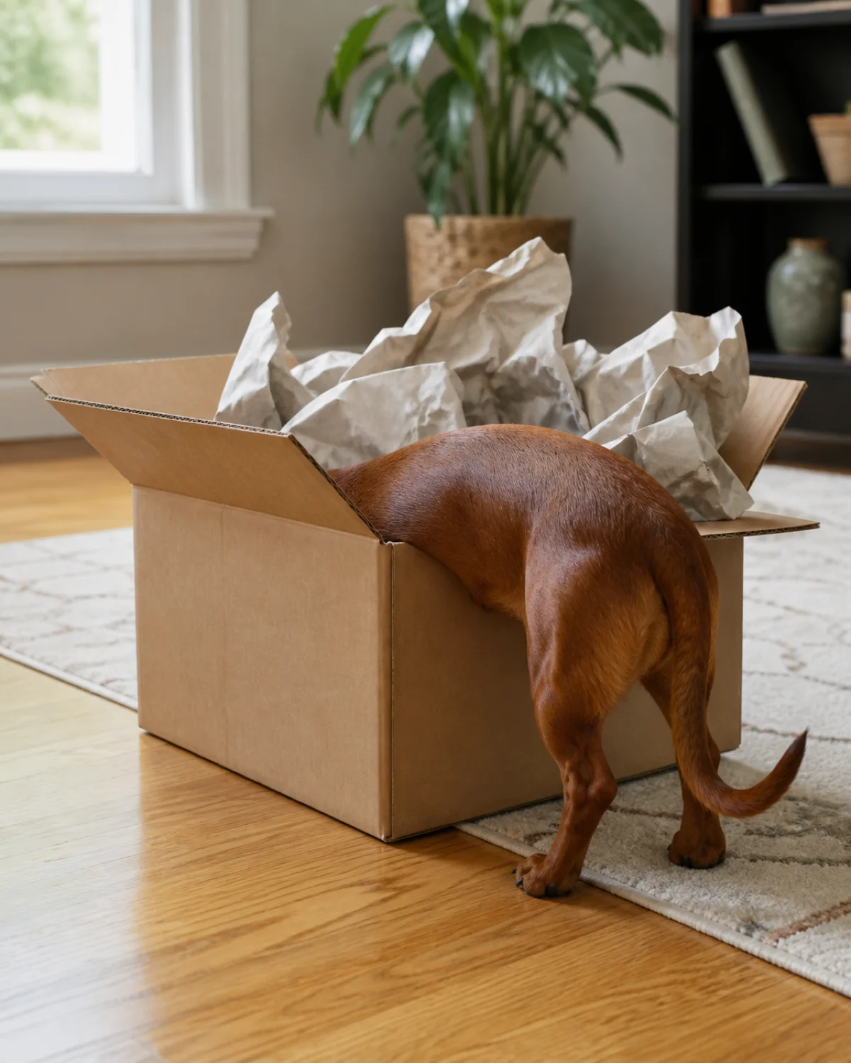 a small dog with a very long low body and very short legs a smooth solid red coat and long floppy ears half inside a medium cardboard box with crumpled newspaper rear legs and tail sticking out nose buried in the box searching living room floor warm light