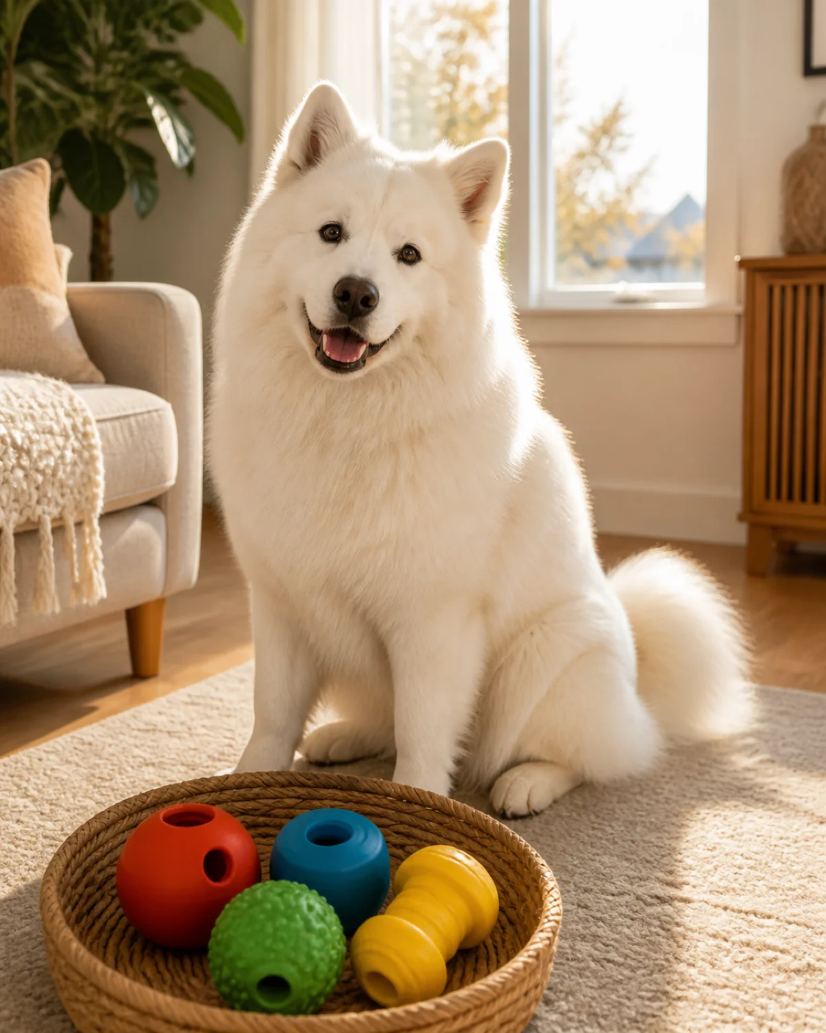 a large dog with a thick stand-off pure-white double coat erect ears an upturned smiling mouth and a curled tail sitting happily next to a basket containing four different puzzle toys looking up at the camera with bright dark eyes warm golden hour light through a window