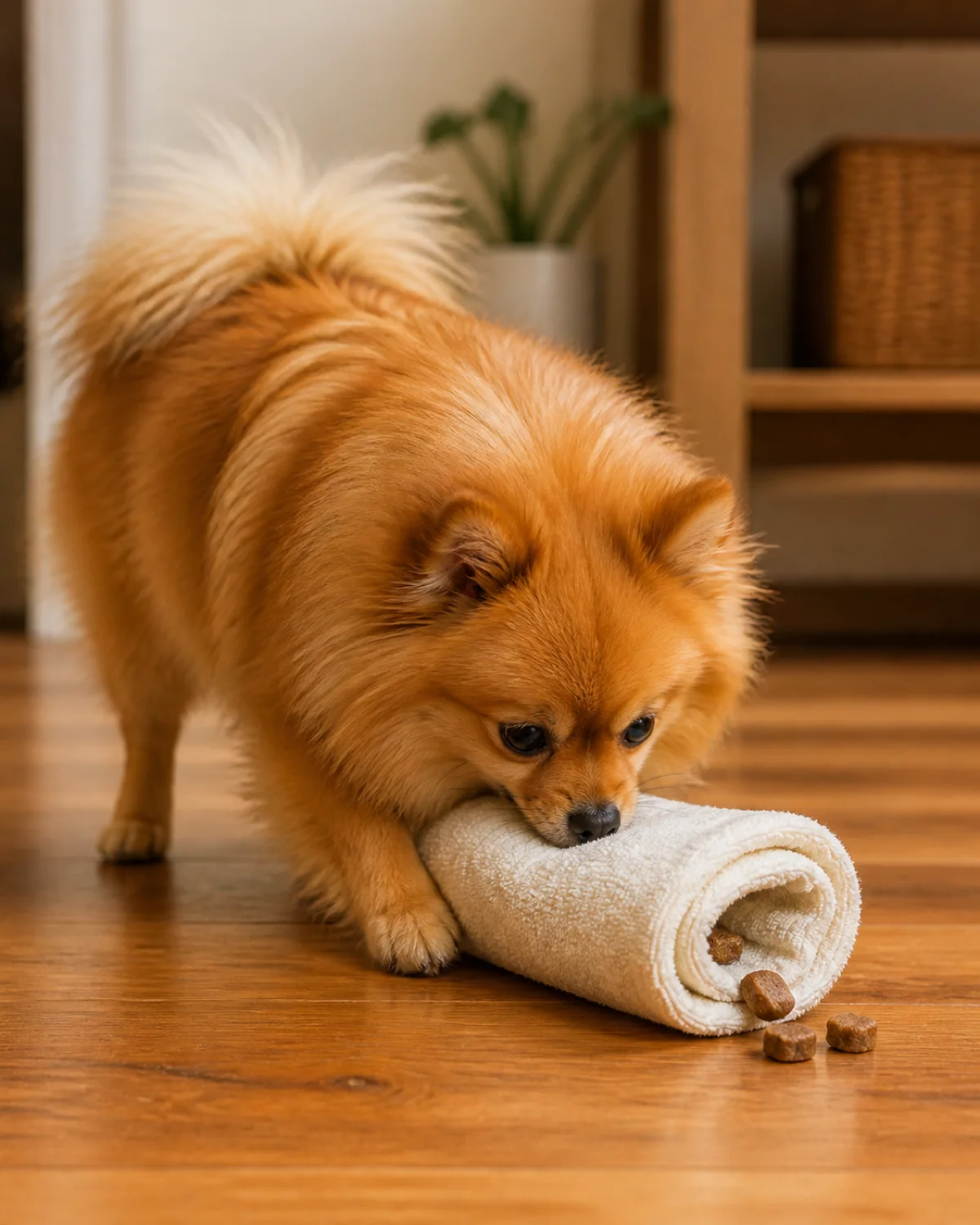 a tiny dog with a profuse fluffy orange double coat a foxy face small erect ears and a plumed tail curled over the back pawing at a rolled-up cream towel on the floor nose pressed against the fabric treats falling out of one end