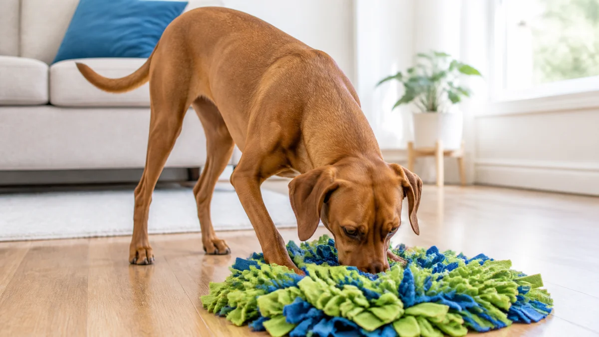 a medium-large sleek dog with a uniform rusty golden-brown short coat floppy ears and a lean athletic frame nose pushed into a colourful snuffle mat on a hardwood floor tail wagging bright natural light