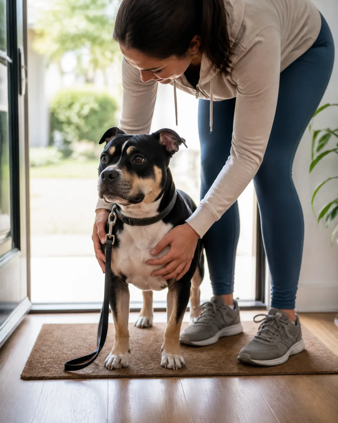 a medium short-coated dog with a warm tawny coat standing on a back porch while a person kneels beside it running hands through the fur along the shoulders