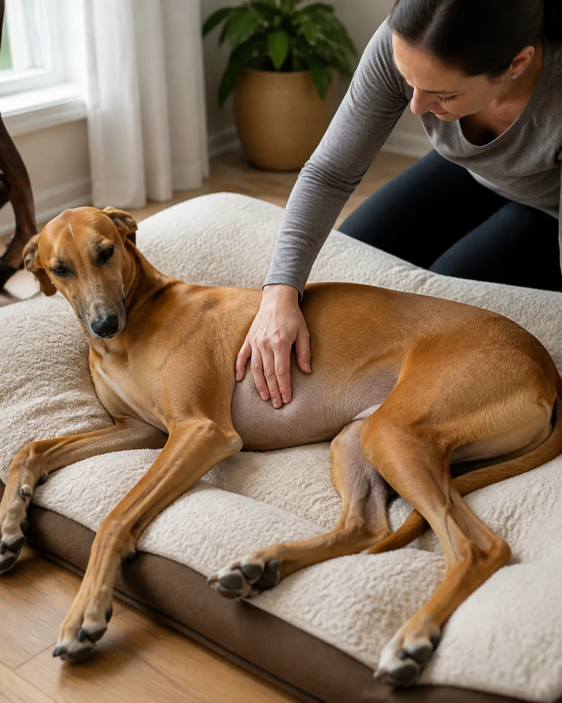 a small smooth-coated tricolor hound lying on its back on a towel while a person gently examines the belly and inner thigh area