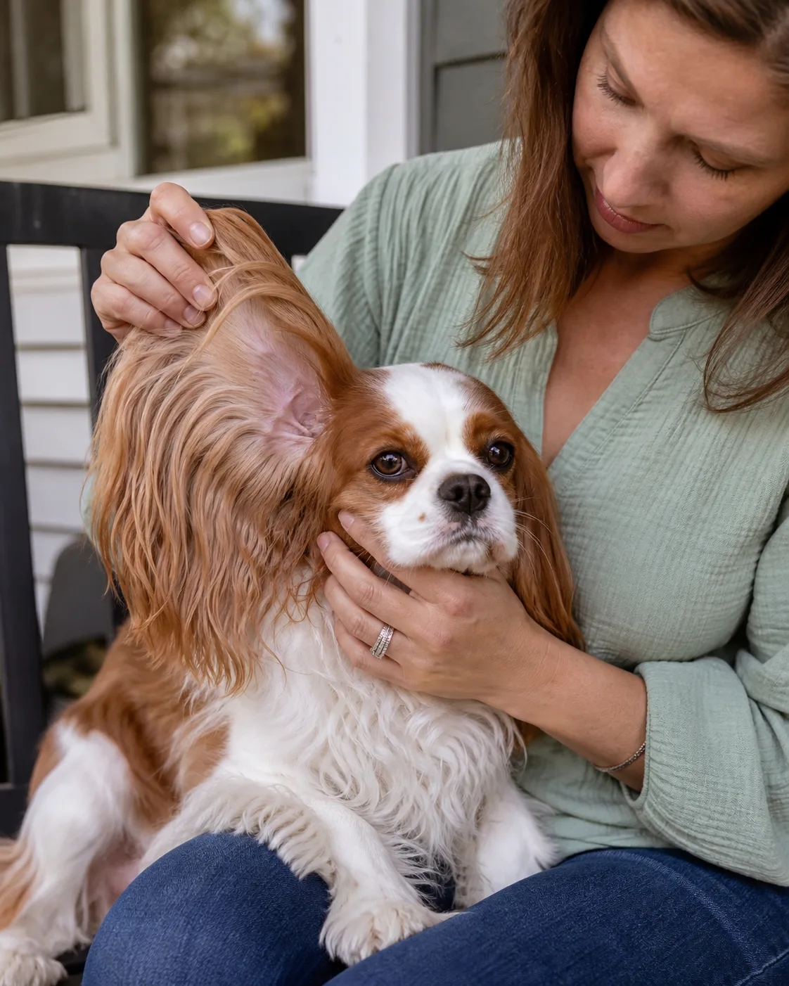 a small floppy-eared spaniel-type dog with a liver-and-white wavy coat sitting on a lap while a person gently folds one ear flap outward to examine the inner surface