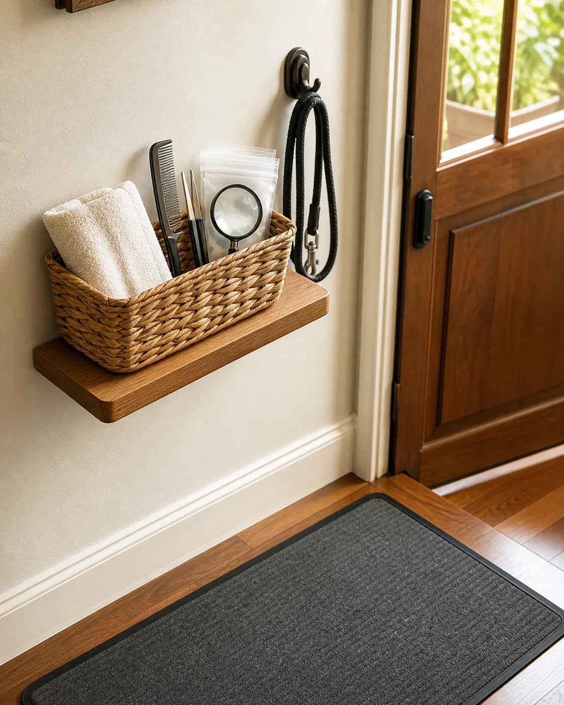 a small wall-mounted basket by a front door holding fine-tipped tweezers a flea comb a magnifying glass and small zip bags with a rubber-backed mat on the floor below
