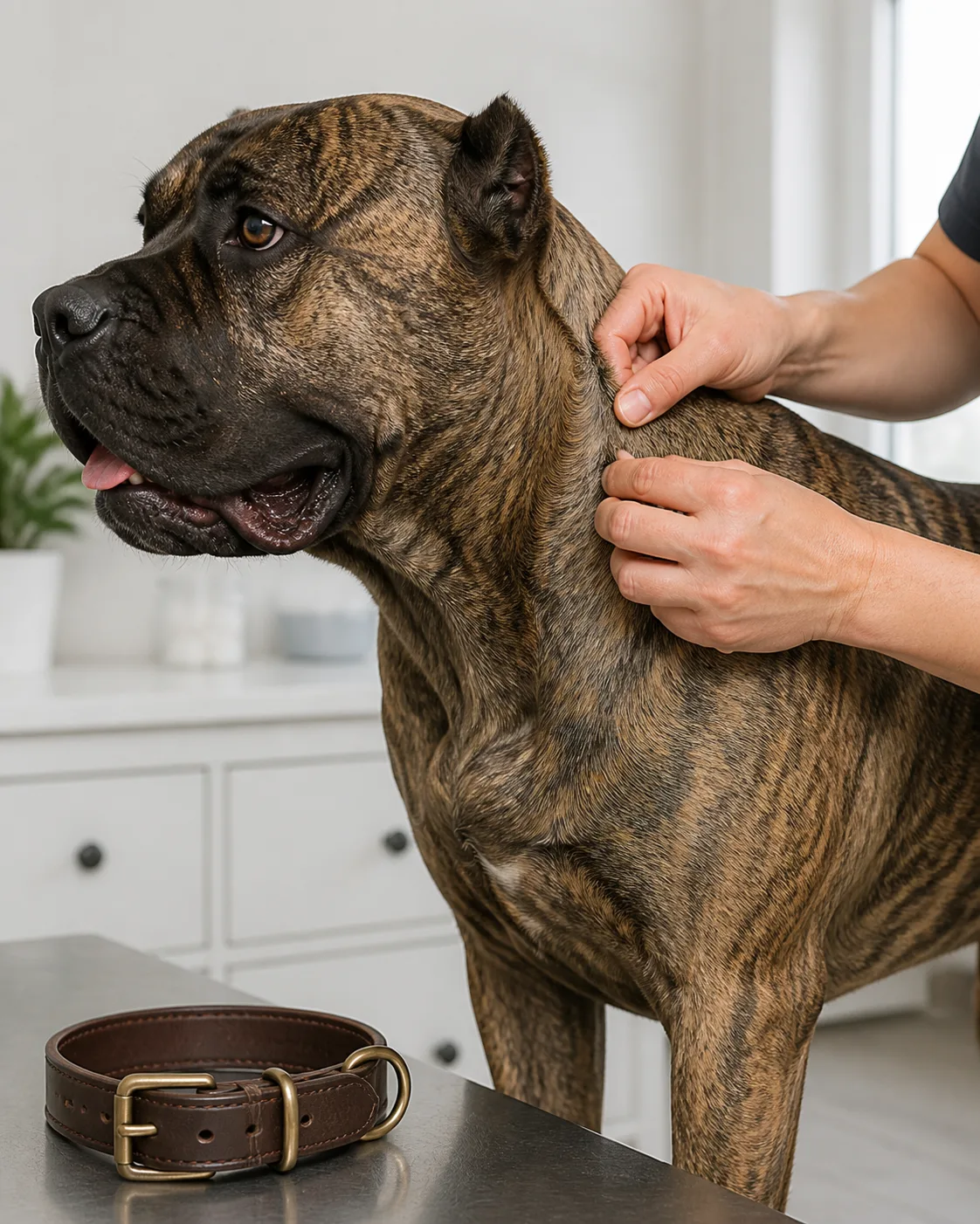 a medium dog with a thick black double coat standing while a person parts the fur around its neck where the collar usually sits