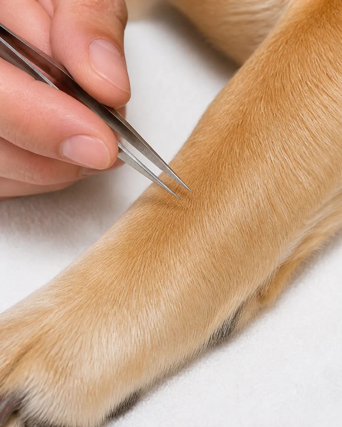 a close view of a persons hands using fine-tipped tweezers to grip a small dark object at the skin surface of a dogs ear flap