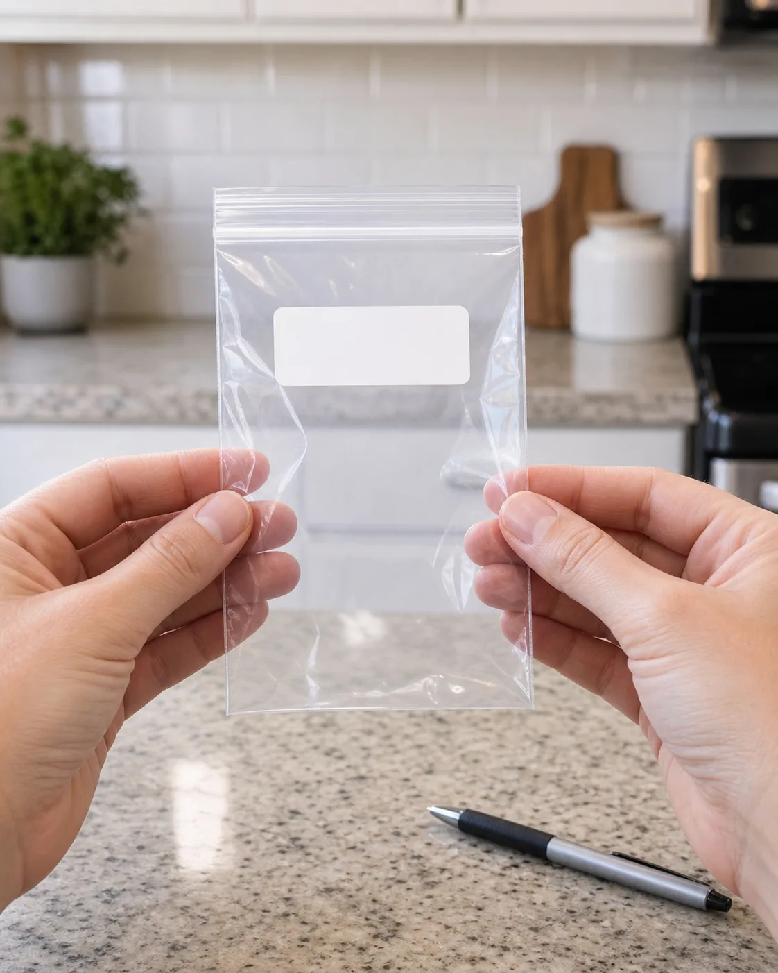 a small sealed zip-top bag on a counter containing a tiny dark object with a handwritten date label next to it