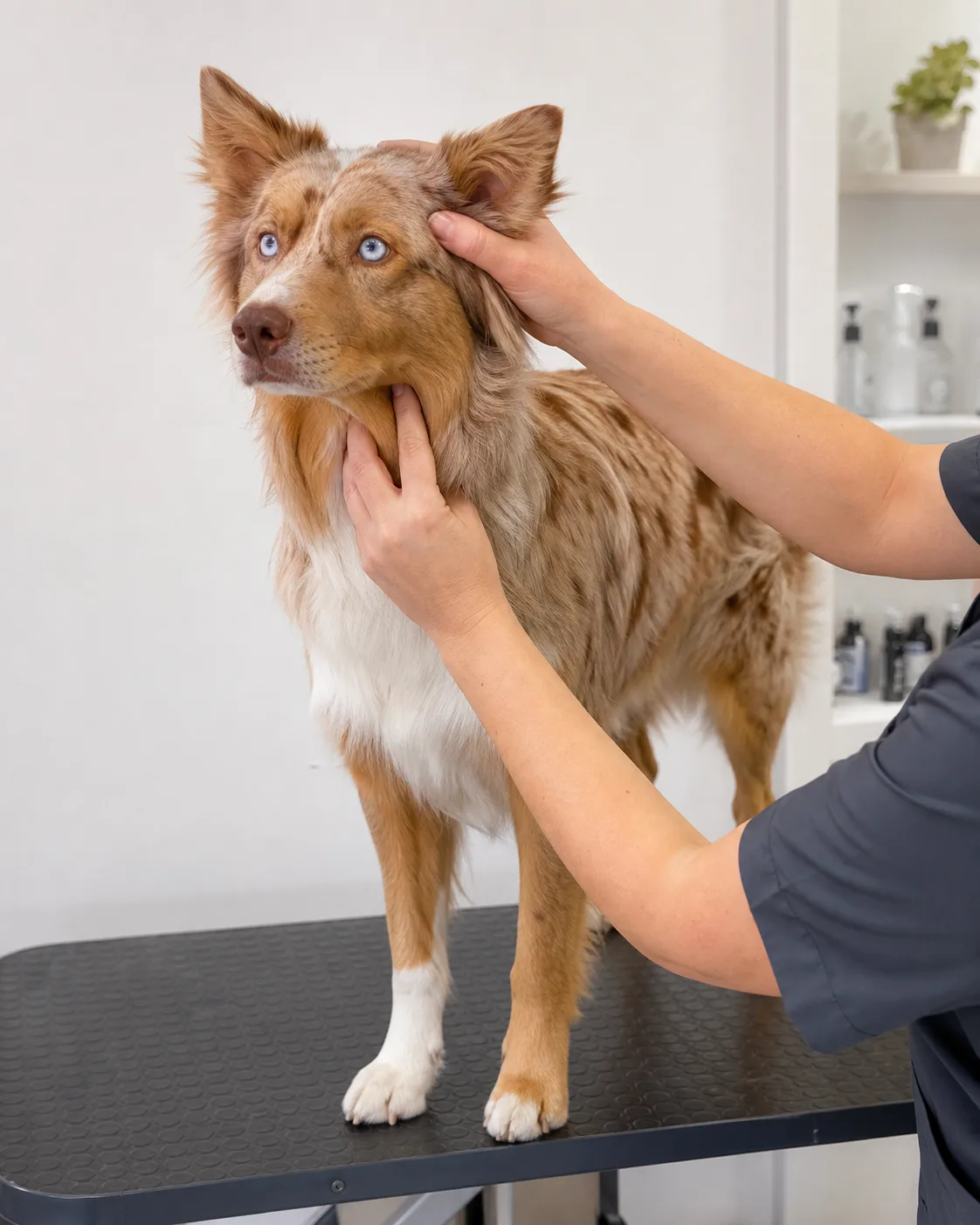 a medium sleek brindle-coated dog sitting calmly on a living room rug while a person starts a tick check at the top of the head with both hands