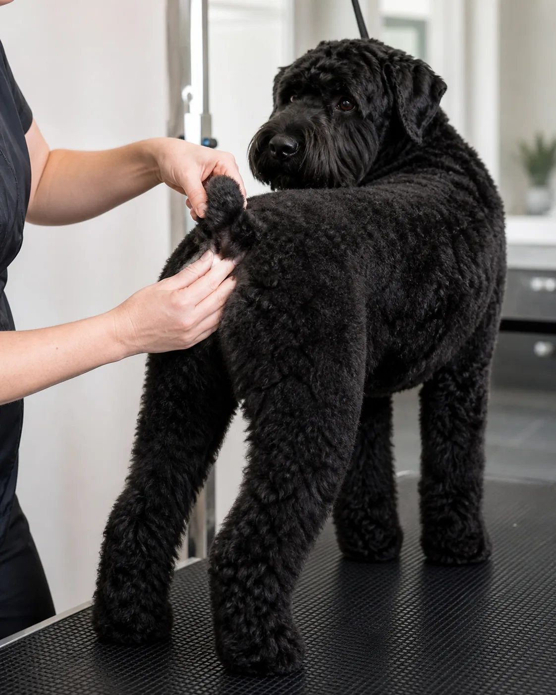 a medium muscular dog with a blue-grey short coat standing while a person gently lifts its tail to check the base and underside