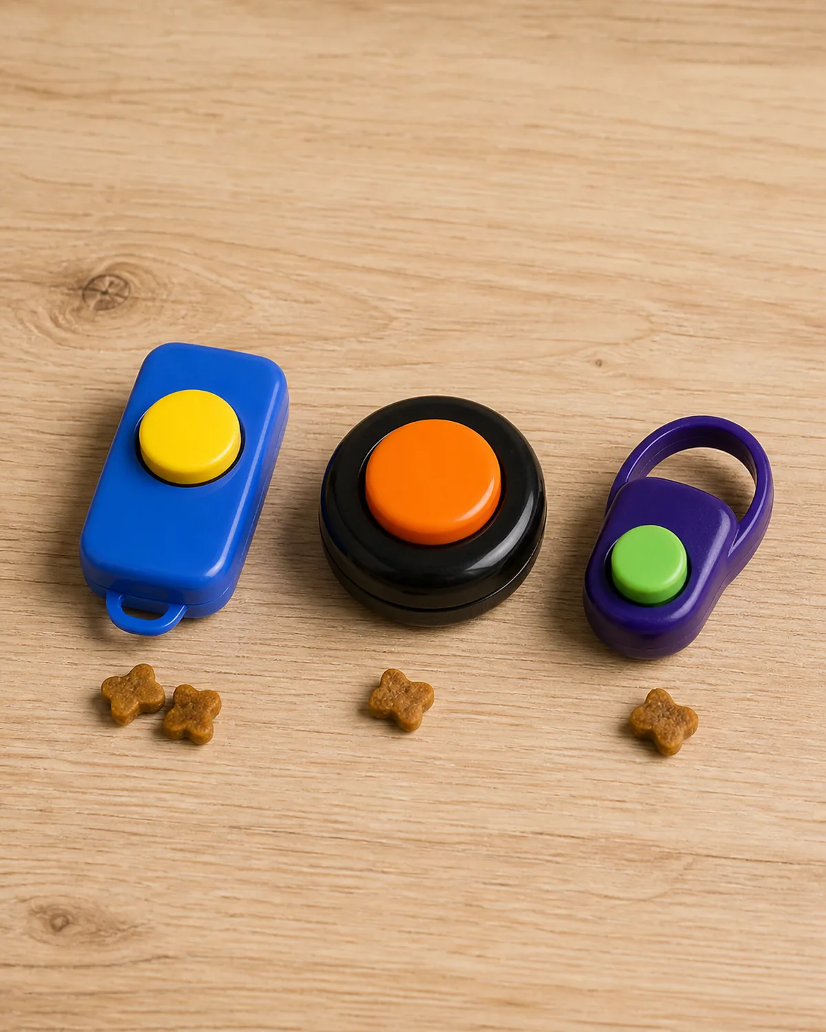 three different dog training clickers arranged neatly on a light wood table surface a classic box clicker a round button style i-Click and a small ring style clicker with training treats scattered beside them soft overhead lighting
