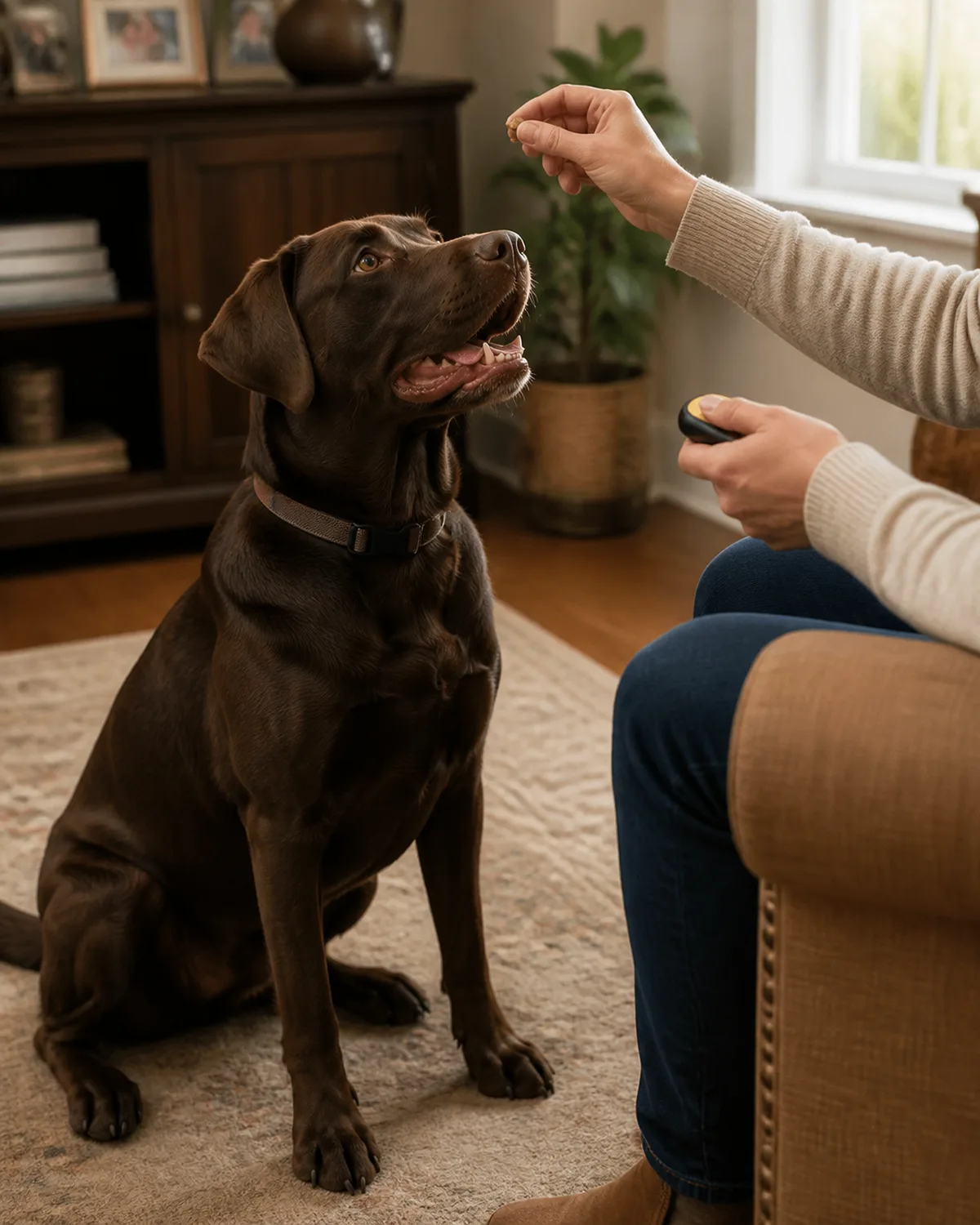 a large solid chocolate-brown short-coated dog with floppy ears sitting on a living room floor looking up with an eager expression while a person in a chair presses a clicker and extends a treat warm side-window light