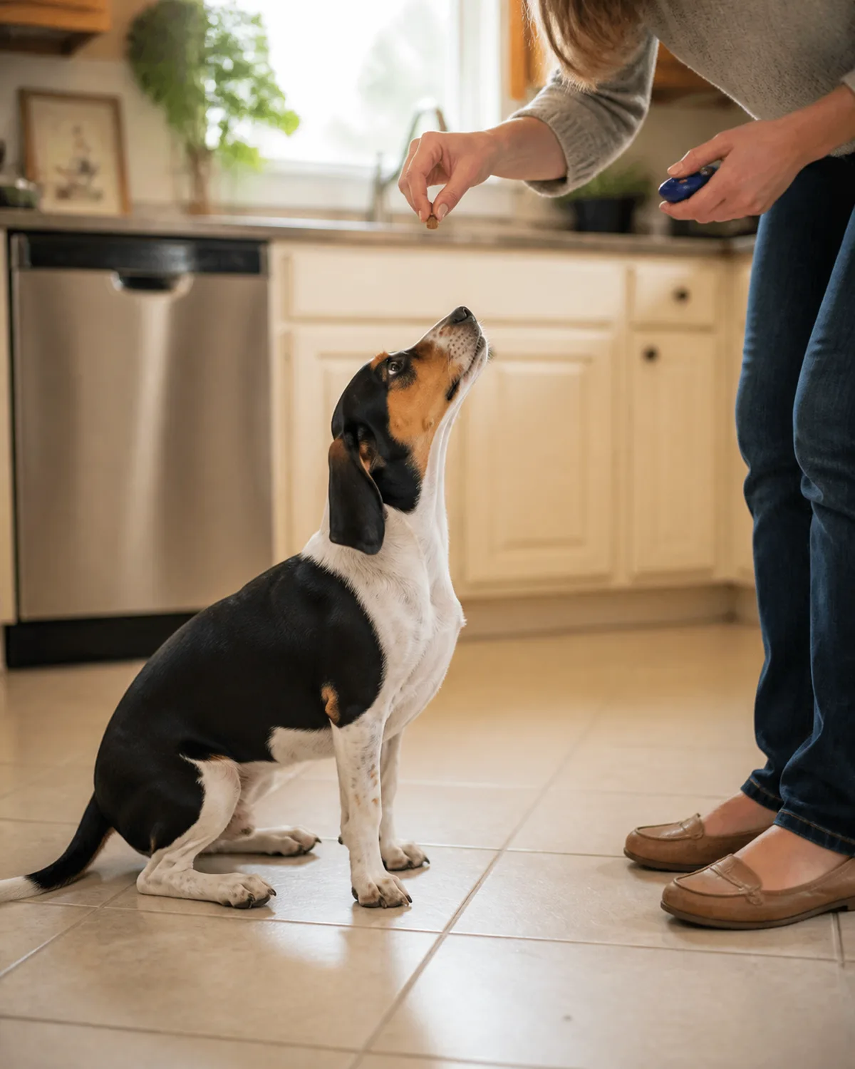a small sturdy tricolor hound with long low-set floppy ears standing in a bright kitchen nose pointing upward following a treat held above its head by a person bending slightly rear starting to lower into a sit person other hand holding clicker ready warm window light