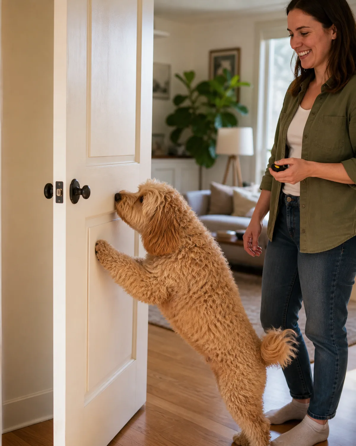 a medium shaggy wavy-to-curly apricot coated dog with floppy ears and teddy-bear face standing with front paws on a light-colored interior door pushing it with its nose person standing nearby smiling with clicker ready warm natural light