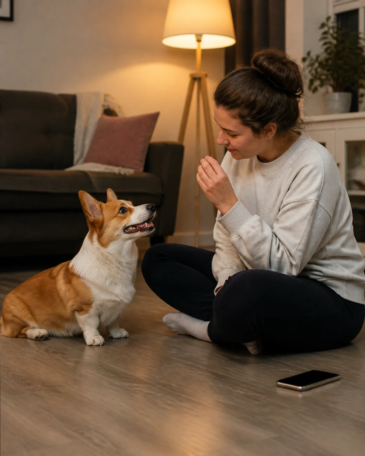 a small red-and-white dog with very short legs a long low body oversized erect ears and a foxy face sitting on a living room floor facing a person sitting cross-legged with a phone beside them dog looking attentive with bright alert eyes warm soft lamp light