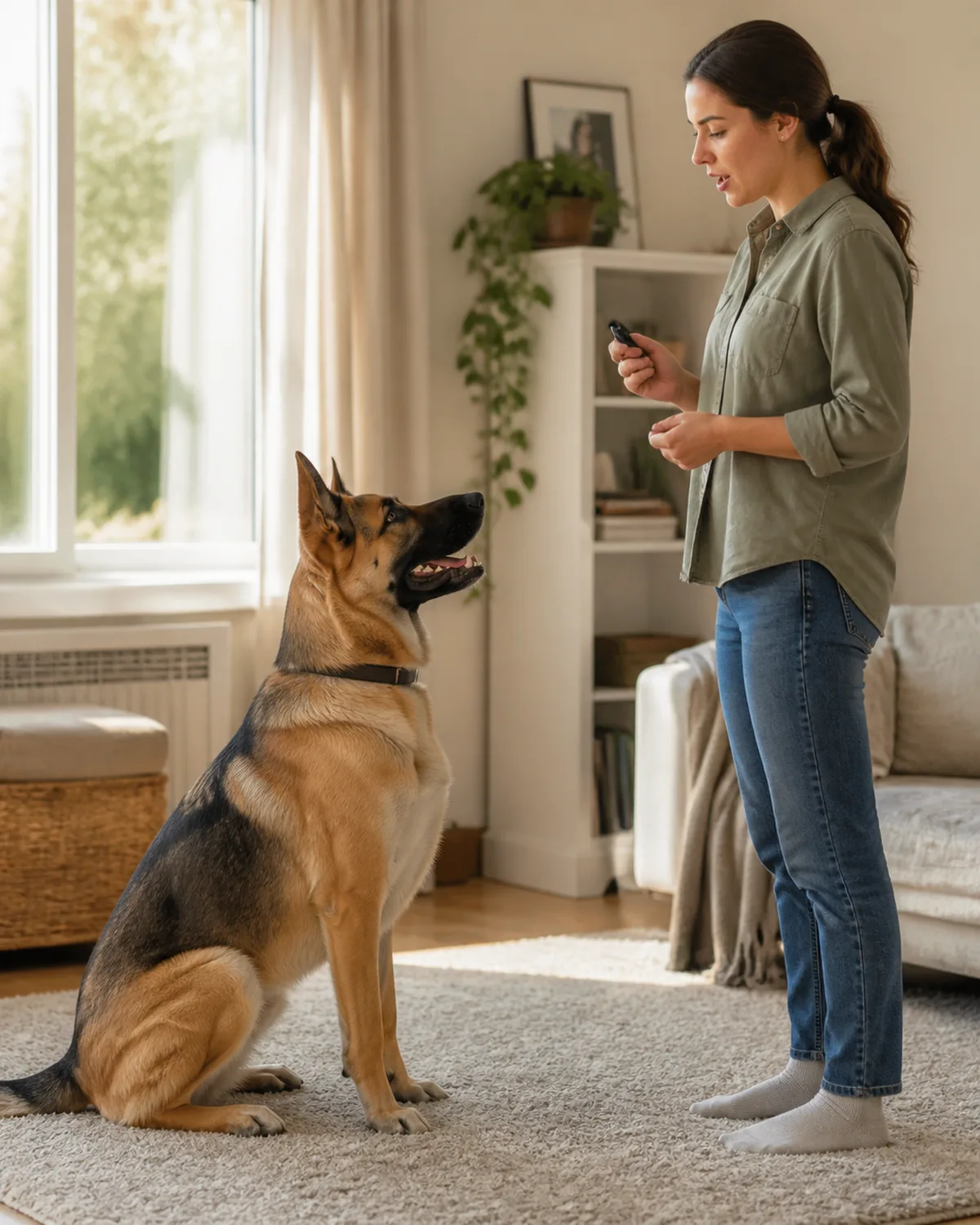 a large tan-bodied dog with black saddle-and-mask pattern upright pointed ears and long muzzle sitting on a carpet looking intently at a person standing in front whose mouth is slightly open as if saying a command word person holding clicker ready warm afternoon light