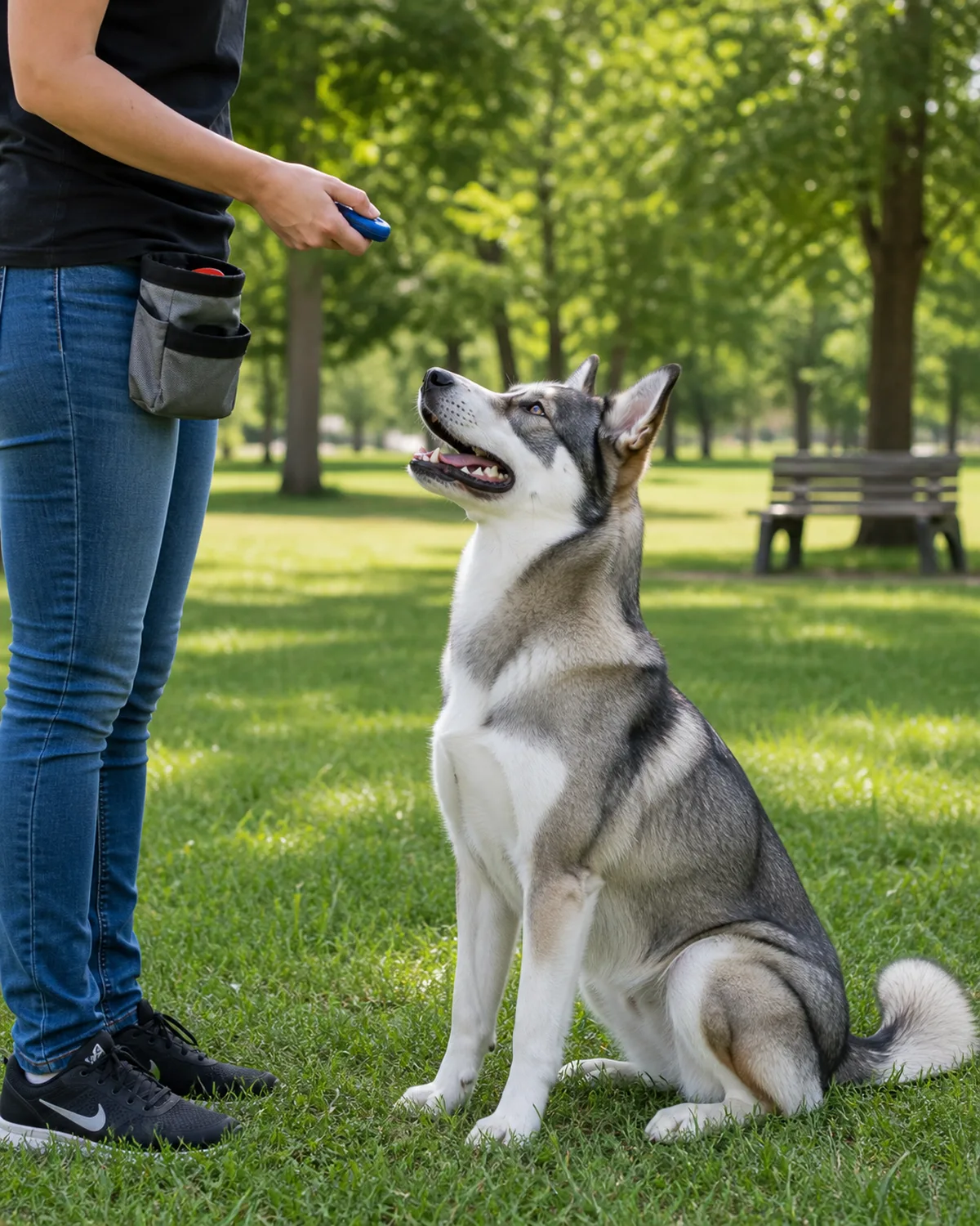 a medium athletic grey-and-white double-coated dog with a symmetric darker facial mask erect triangular ears and bushy tail sitting on green grass in a quiet outdoor park looking up at a person with clicker and treat pouch trees and bench in soft-focus background bright daylight