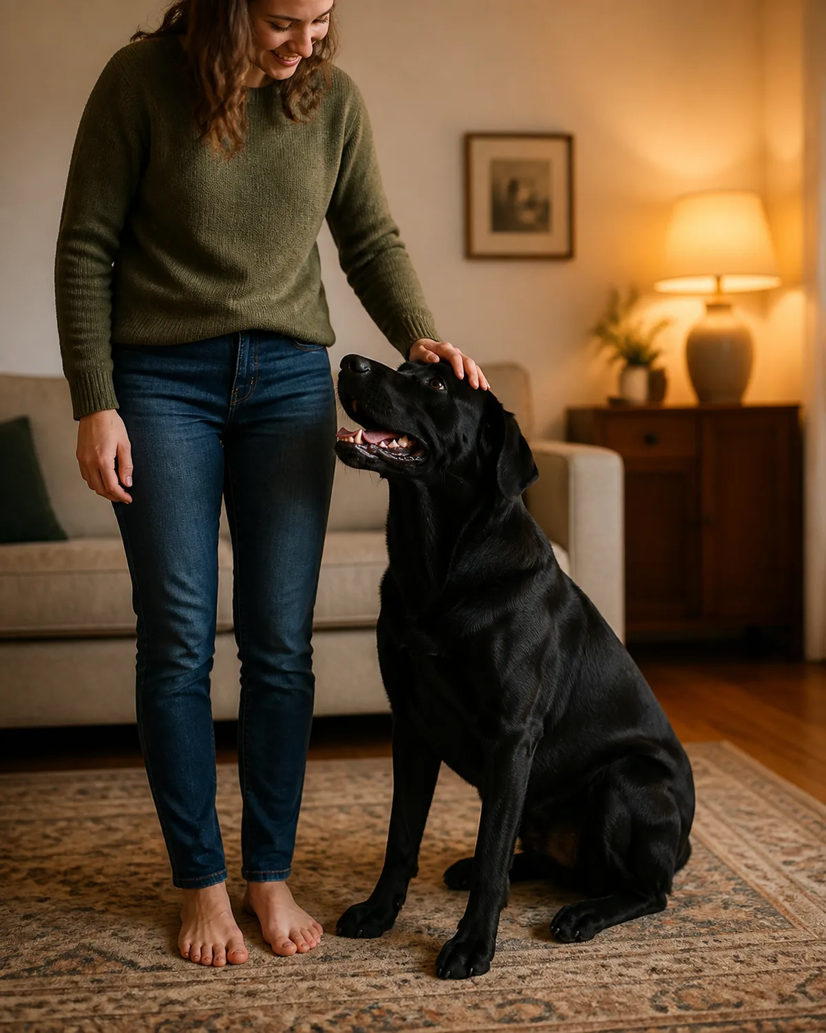 a large athletic solid-black short-coated dog with floppy ears and glossy coat sitting beside a person who is smiling and petting the dog no clicker or treats visible in either hand dog looking up with a content expression warm table lamp light