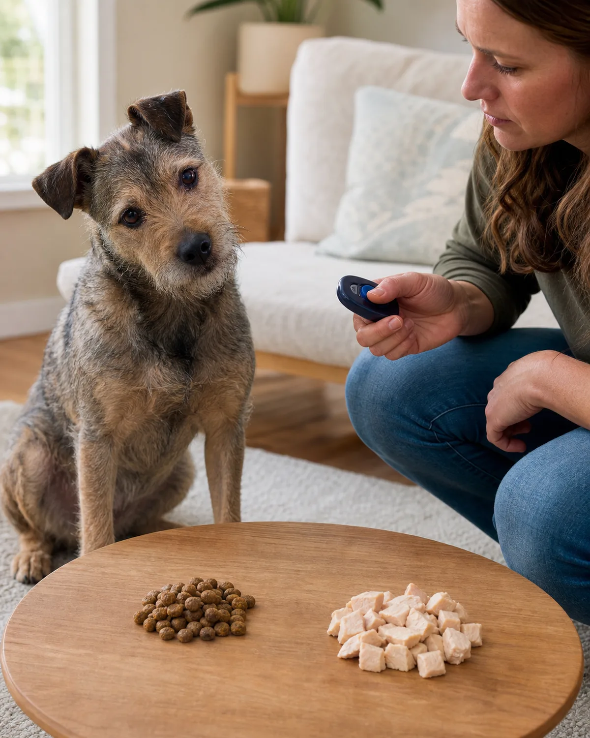 a small scruffy grizzle-and-tan coated dog with folded V-shaped ears and otter-like head standing in a bright living room head tilted to one side person crouching nearby with clicker on a side table a pile of plain kibble next to diced chicken pieces warm natural light
