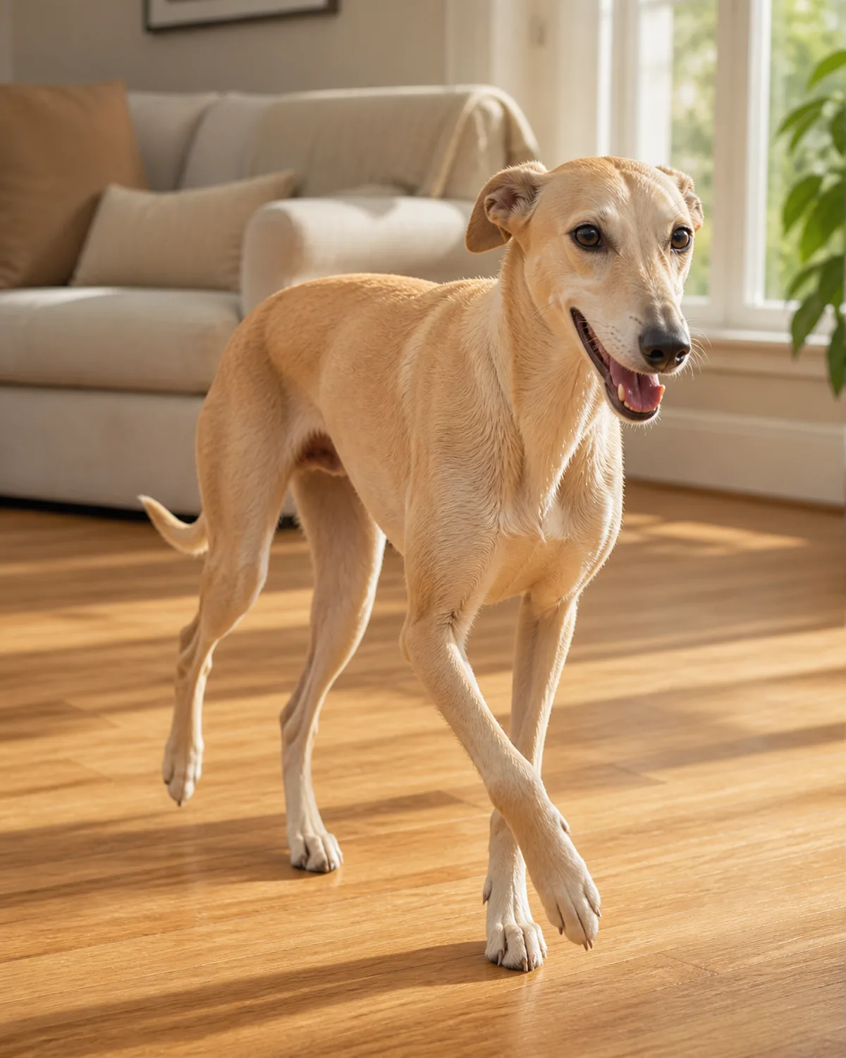 a medium lean sighthound-type dog with a very short fawn coat trotting freely through a warm sunlit living room with hardwood floors
