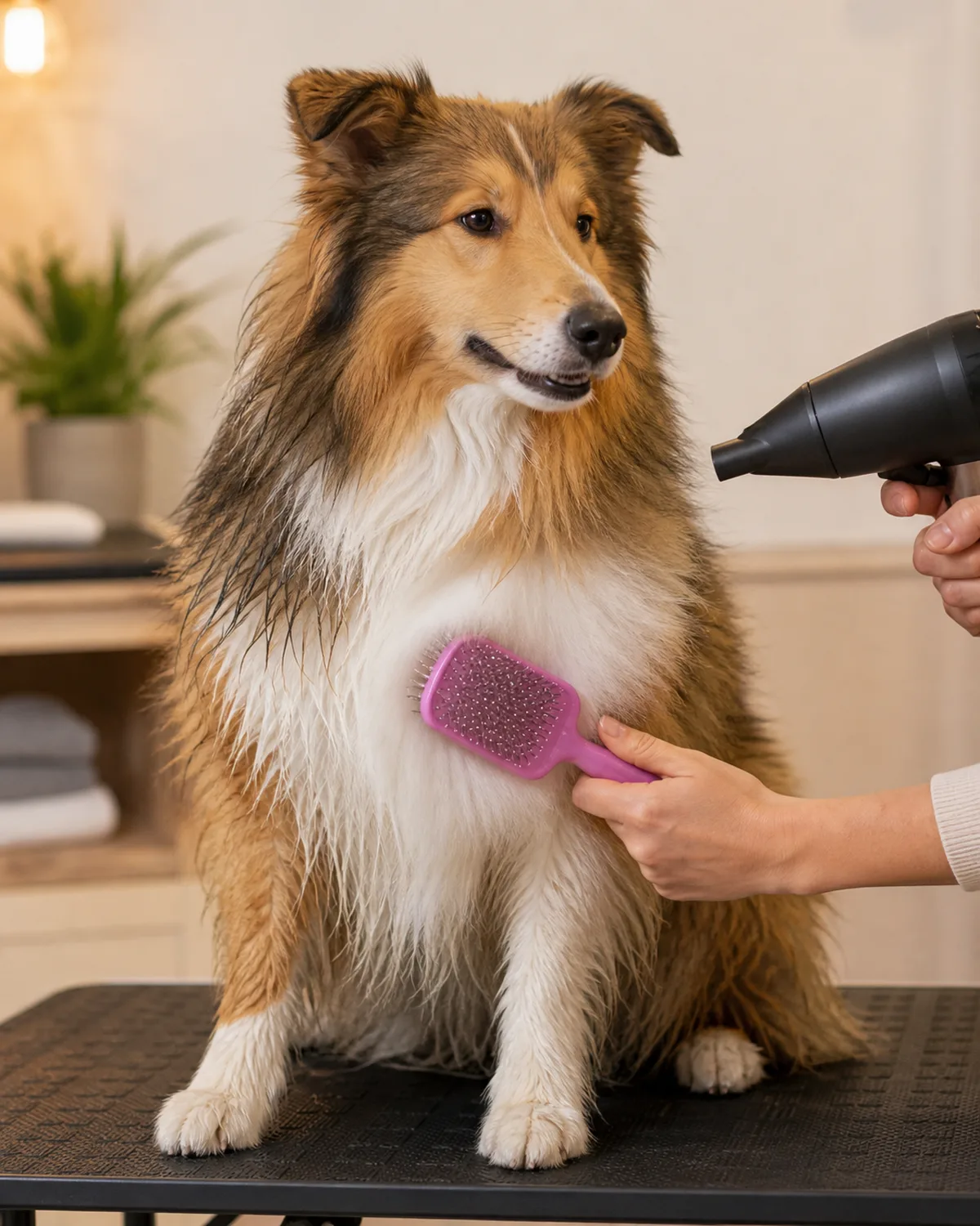 a medium-large dog with a luxurious sable-and-white long double coat sitting on a grooming table while a person holds a slicker brush in one hand and a dryer nozzle in the other