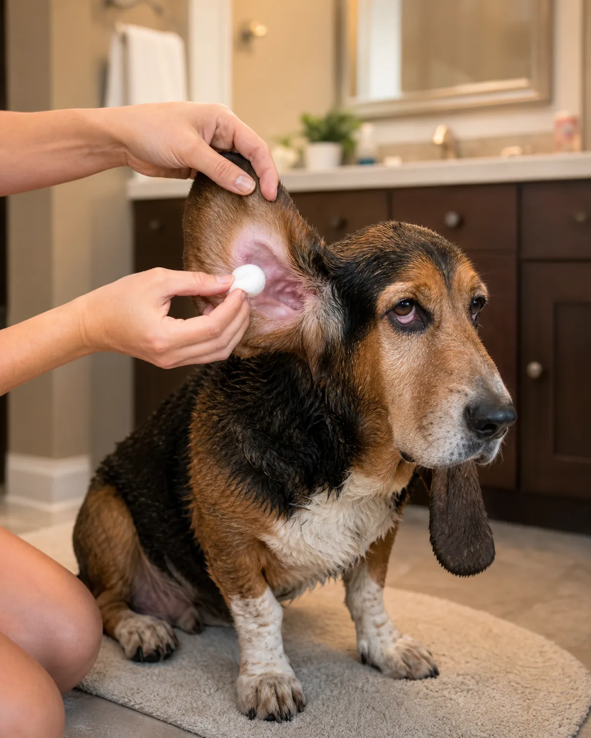 a medium-low dog with very long pendulous ears and a tricolor coat sitting calmly while a person gently lifts one ear flap and dabs inside with a cotton ball