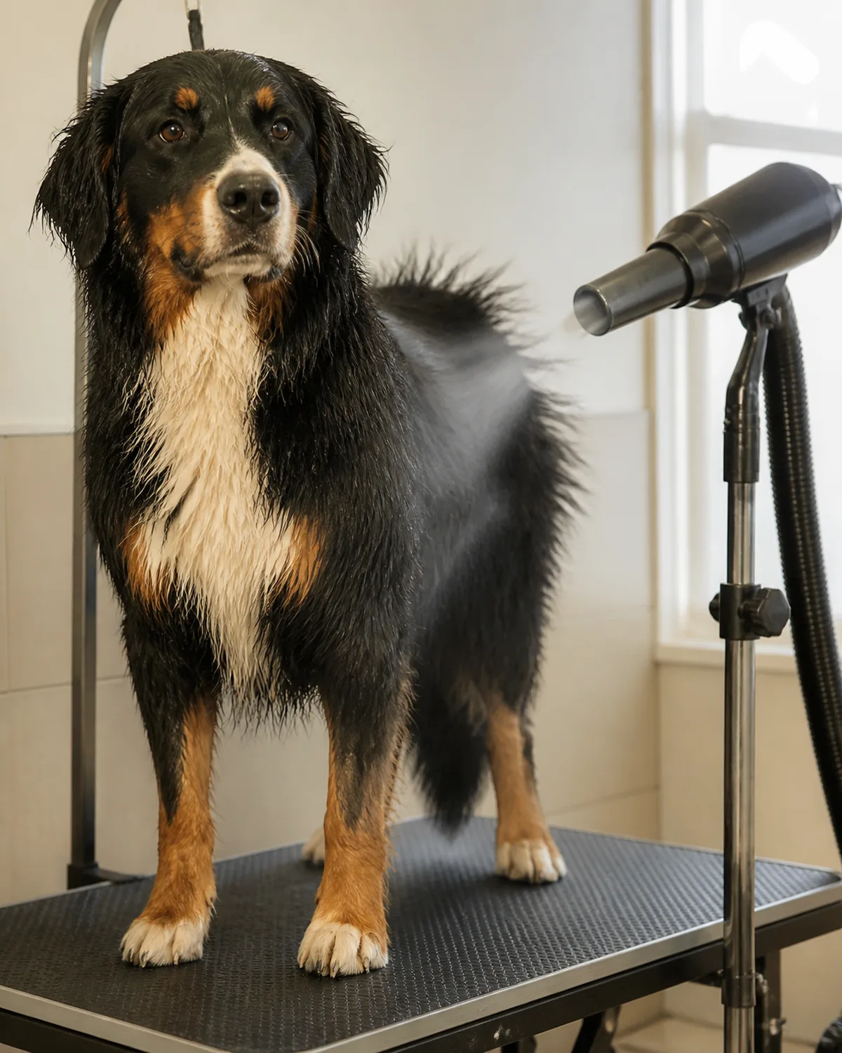 a large sturdy dog with a thick tricolor coat standing on a raised grooming table while a high-velocity pet dryer on a stand blows from the side