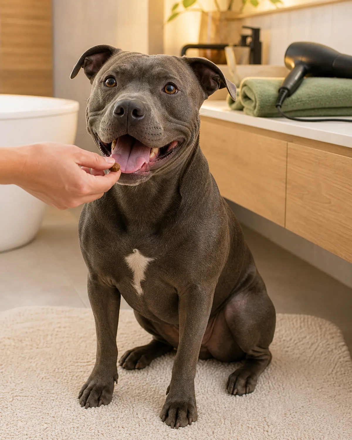 a medium muscular dog with a smooth slate-blue short coat completely dry and gleaming sitting on a bath mat receiving a treat from a person's hand