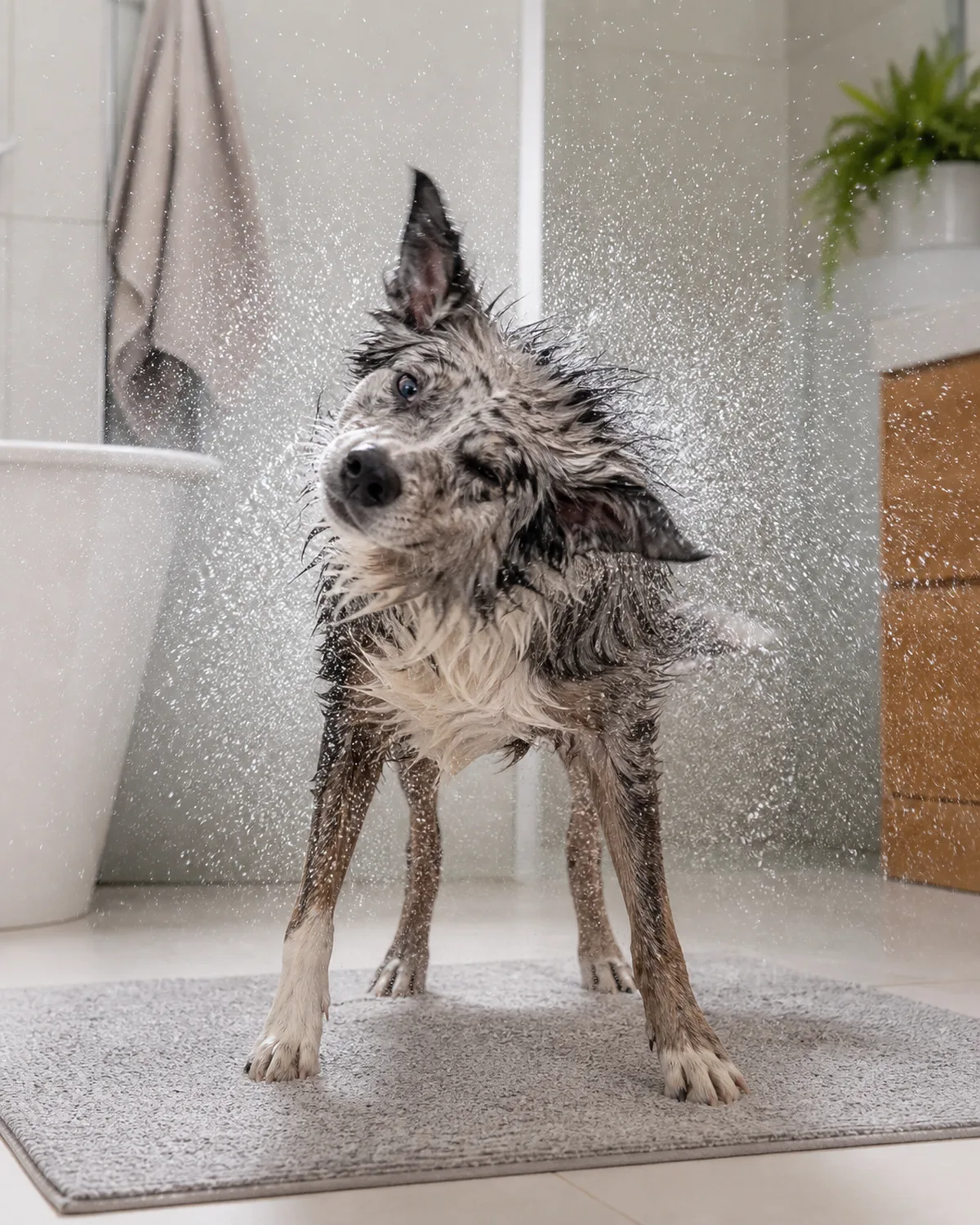 a medium athletic dog with a blue-merle coat captured mid-shake with water droplets flying outward in all directions standing on a bathroom mat