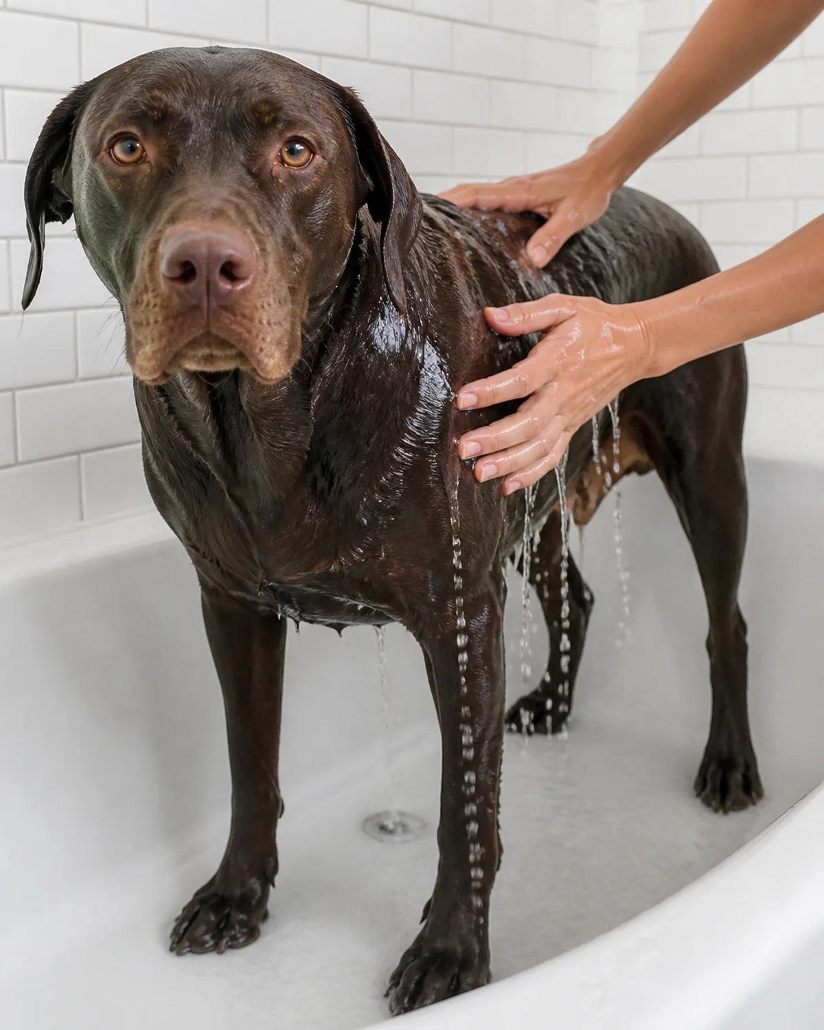 a large muscular dog with a smooth rich chocolate-brown short coat dripping wet standing in a white bathtub while hands squeeze water from its back