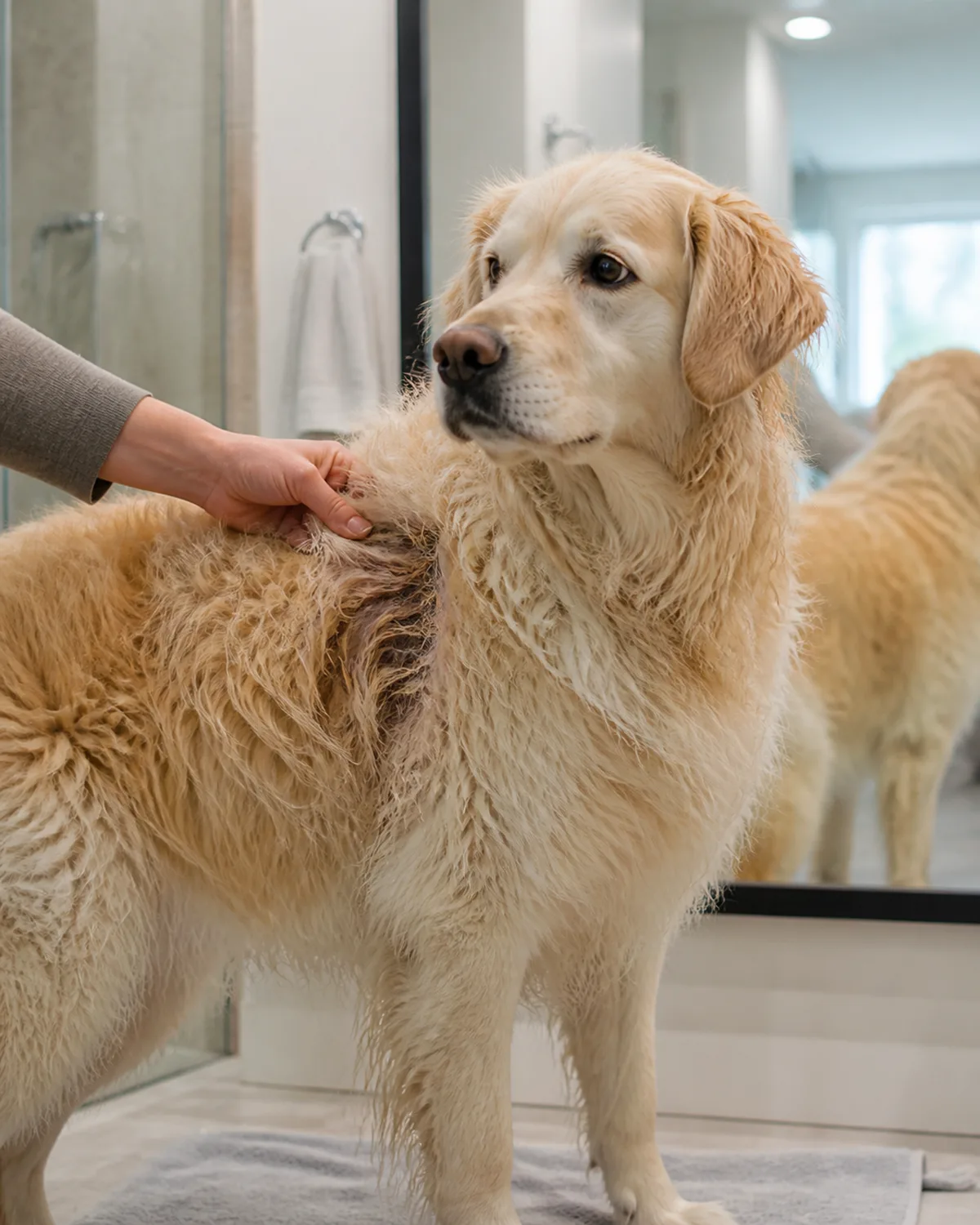 a large dog with a thick wavy cream-gold double coat with a person's hand parted deep into the coat revealing the inner layer is still slightly damp