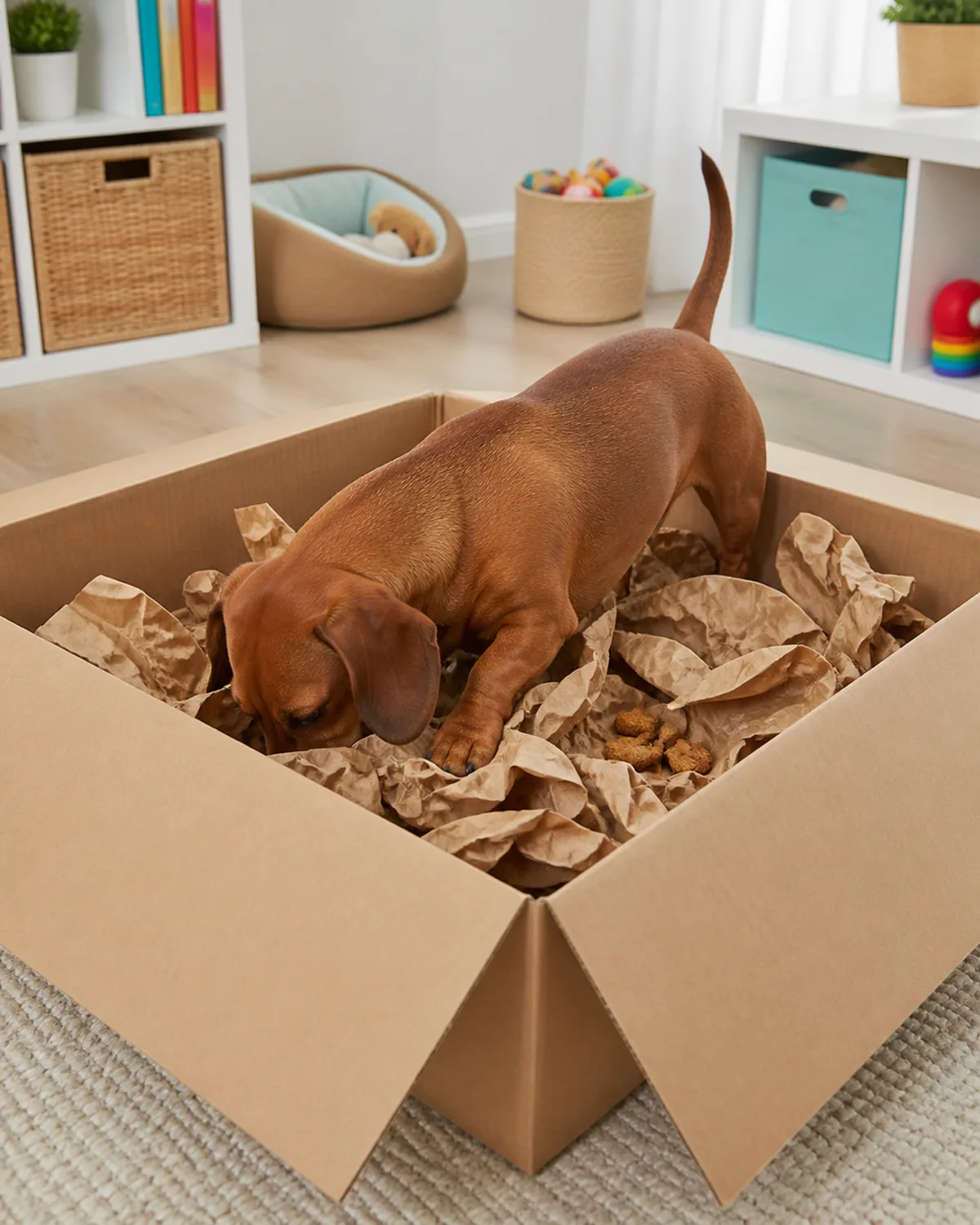 a small dog with very short legs and a long low body a smooth solid red coat and long floppy ears standing inside a large cardboard box filled with crinkled brown packing paper front paws digging through the paper nose buried deep bright playroom light