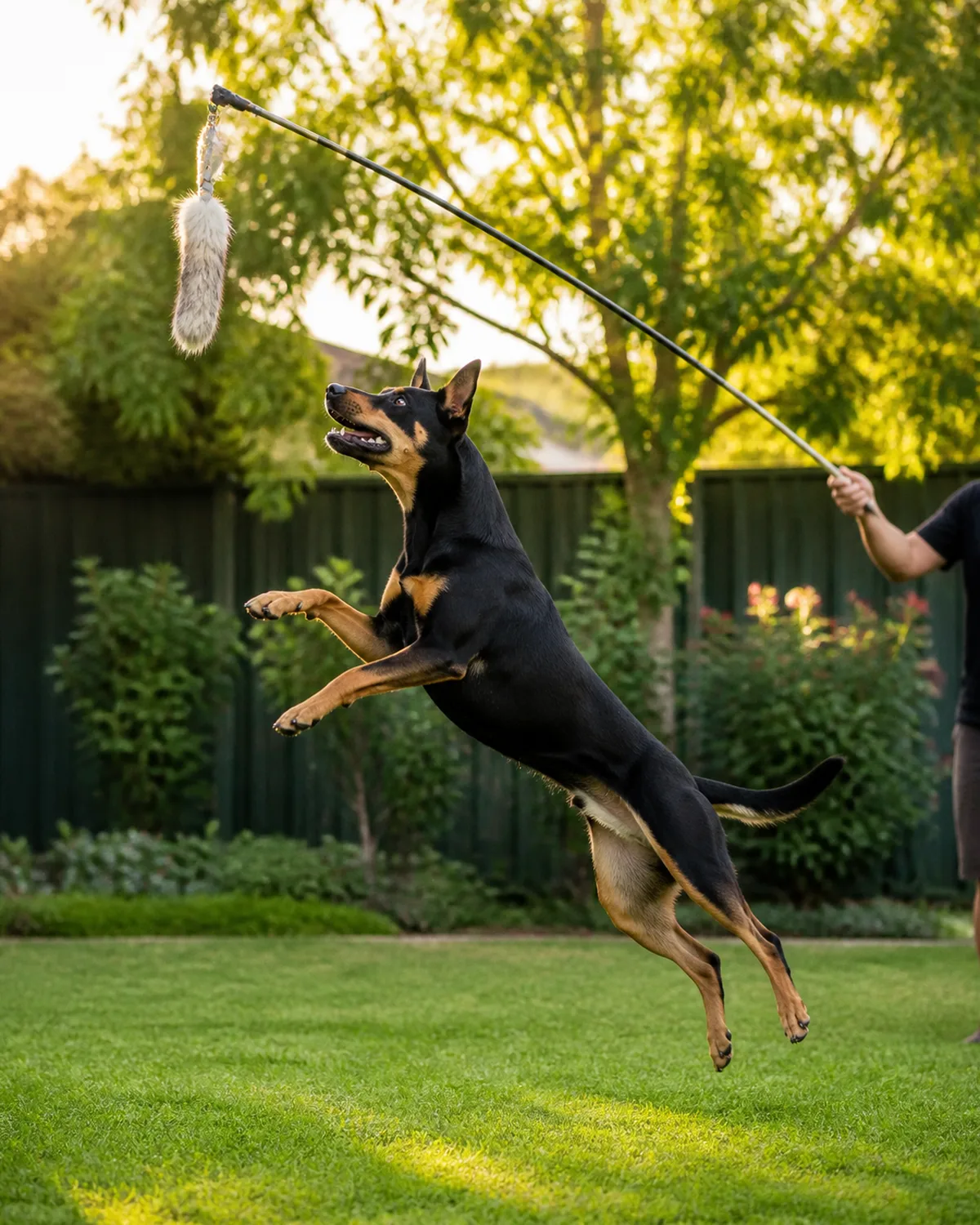 a medium lean muscular dog with a sleek black-and-tan short coat sharp rust points upright ears and a long muzzle leaping after a fuzzy lure attached to a long pole held by a person in a backyard the dog mid-leap green lawn warm golden-hour light