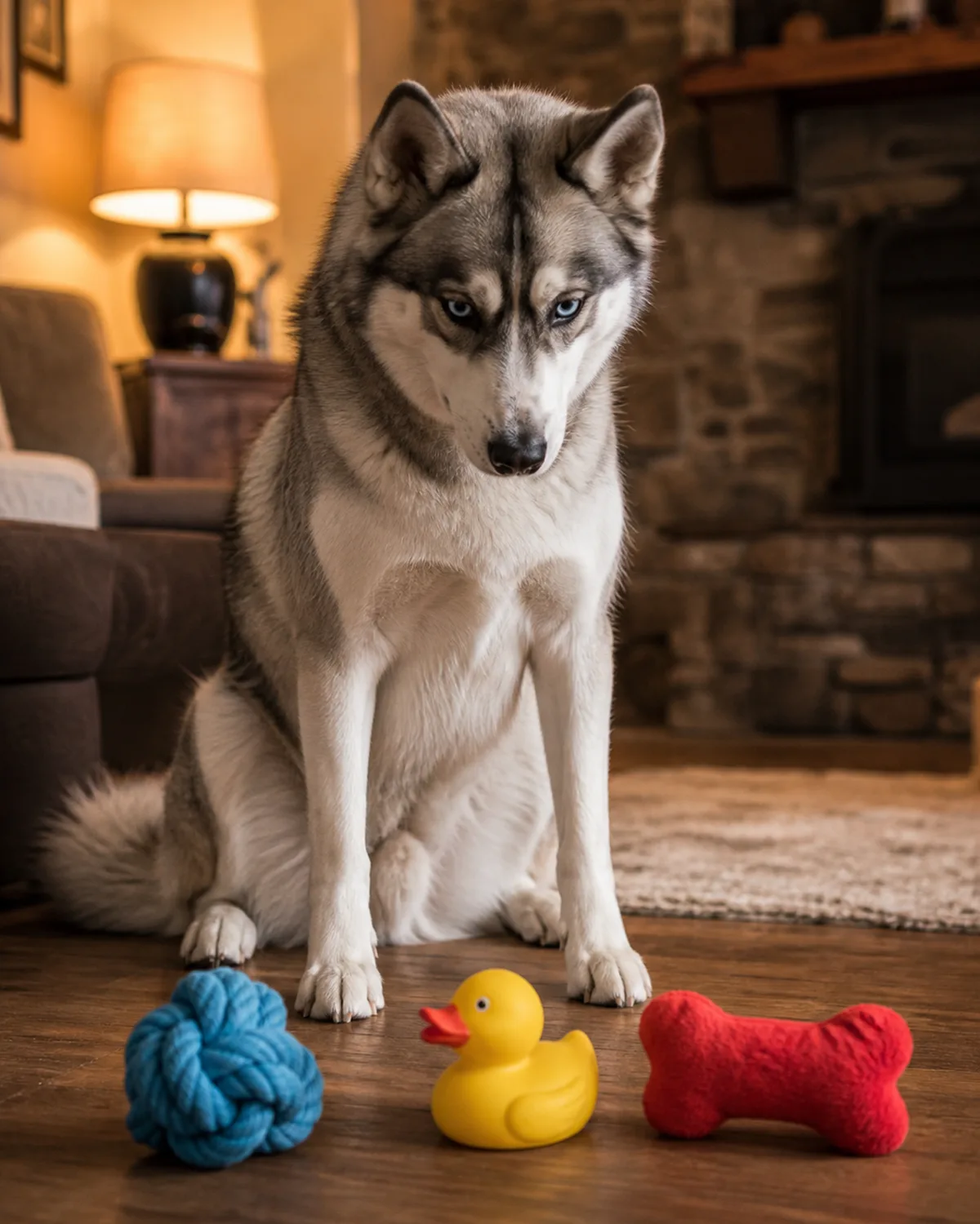 a medium athletic double-coated dog with grey-and-white fur and a symmetric darker facial mask erect triangular ears and a bushy tail sitting alertly in a living room a row of three distinct toys lined up on the floor the dog looking down at the toys with ears forward warm indoor light