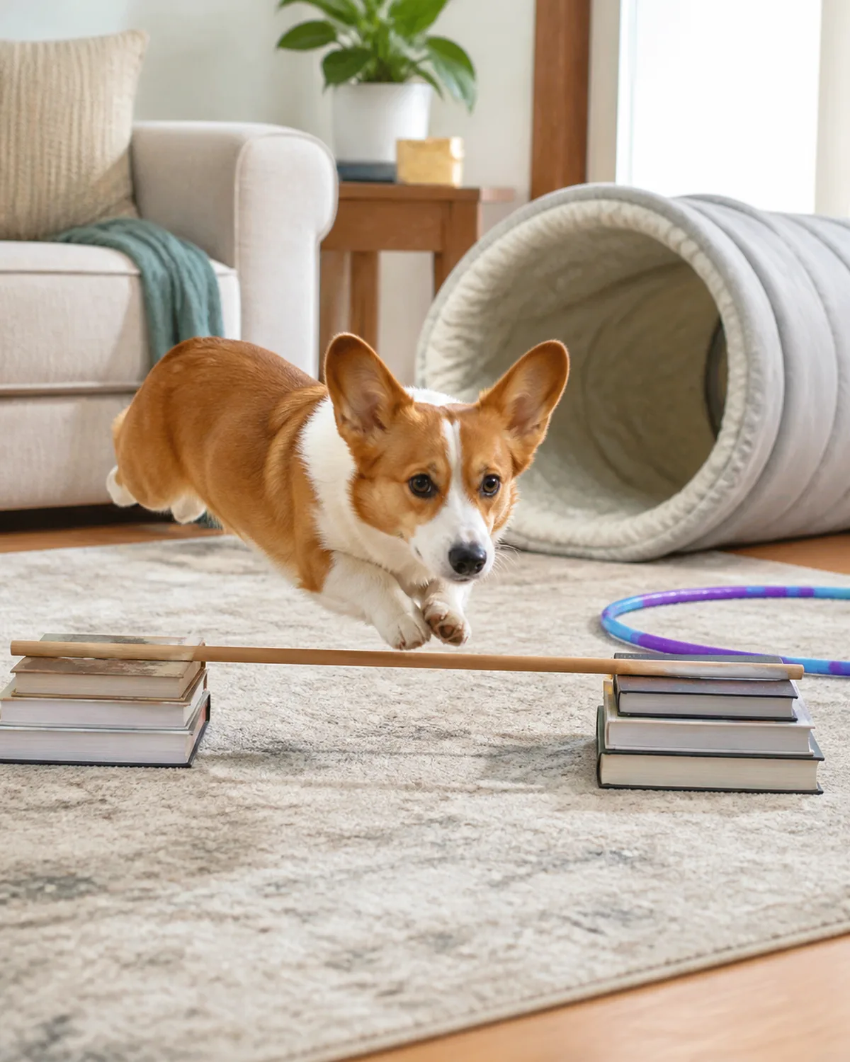a small dog with very short legs and a long low body a red-and-white coat oversized erect ears and a foxy face mid-jump over a low hurdle made from a broomstick balanced on two stacked books in a living room a cushion tunnel and a hula hoop visible behind bright indoor light